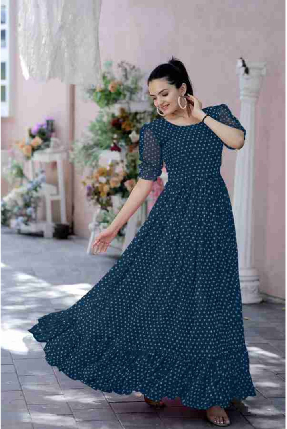 Image of SHISHKALA Polka Print Georgette Stitched Flared /A-line Gown (Blue)