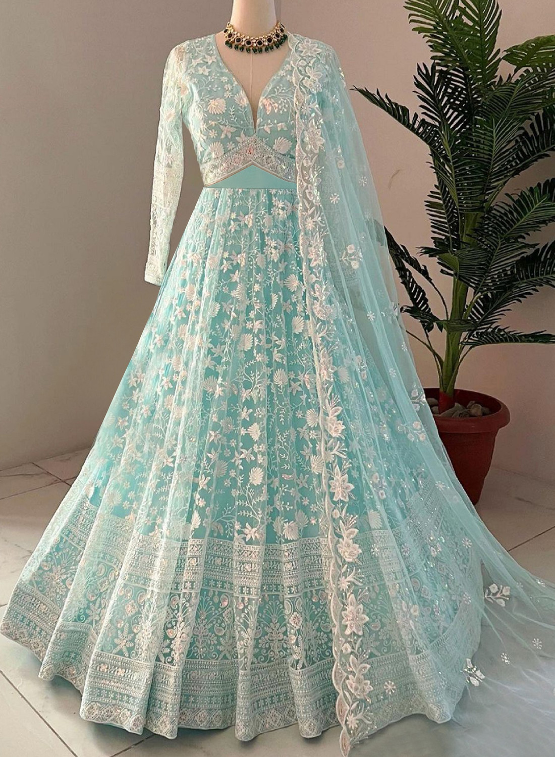 Image of SHISHKALA Polka Print Georgette Stitched Flared /A-line Gown (Blue)
