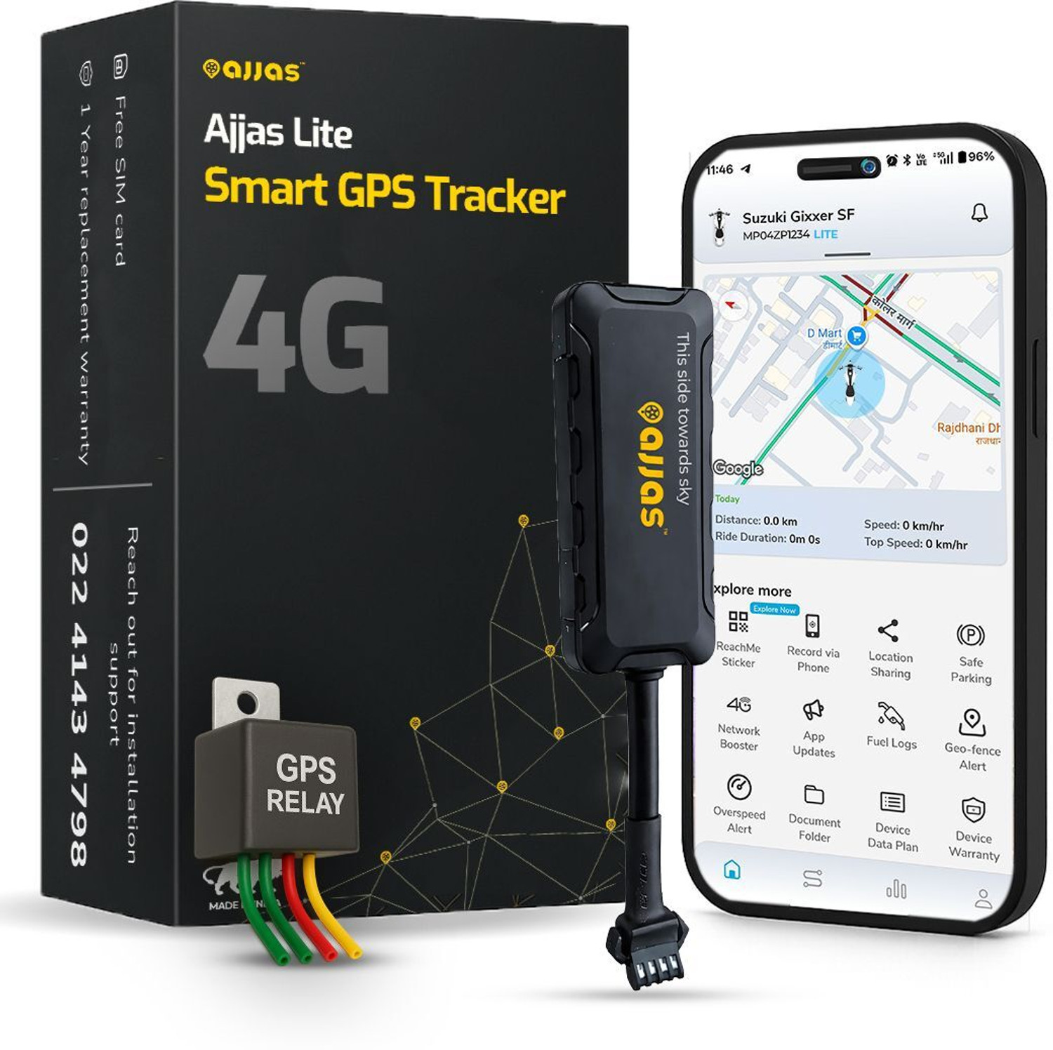 Ajjas Lite - Wired GPS Tracker with Remote Engine Lock for Car, Bike, Truck, Bus GPS Device