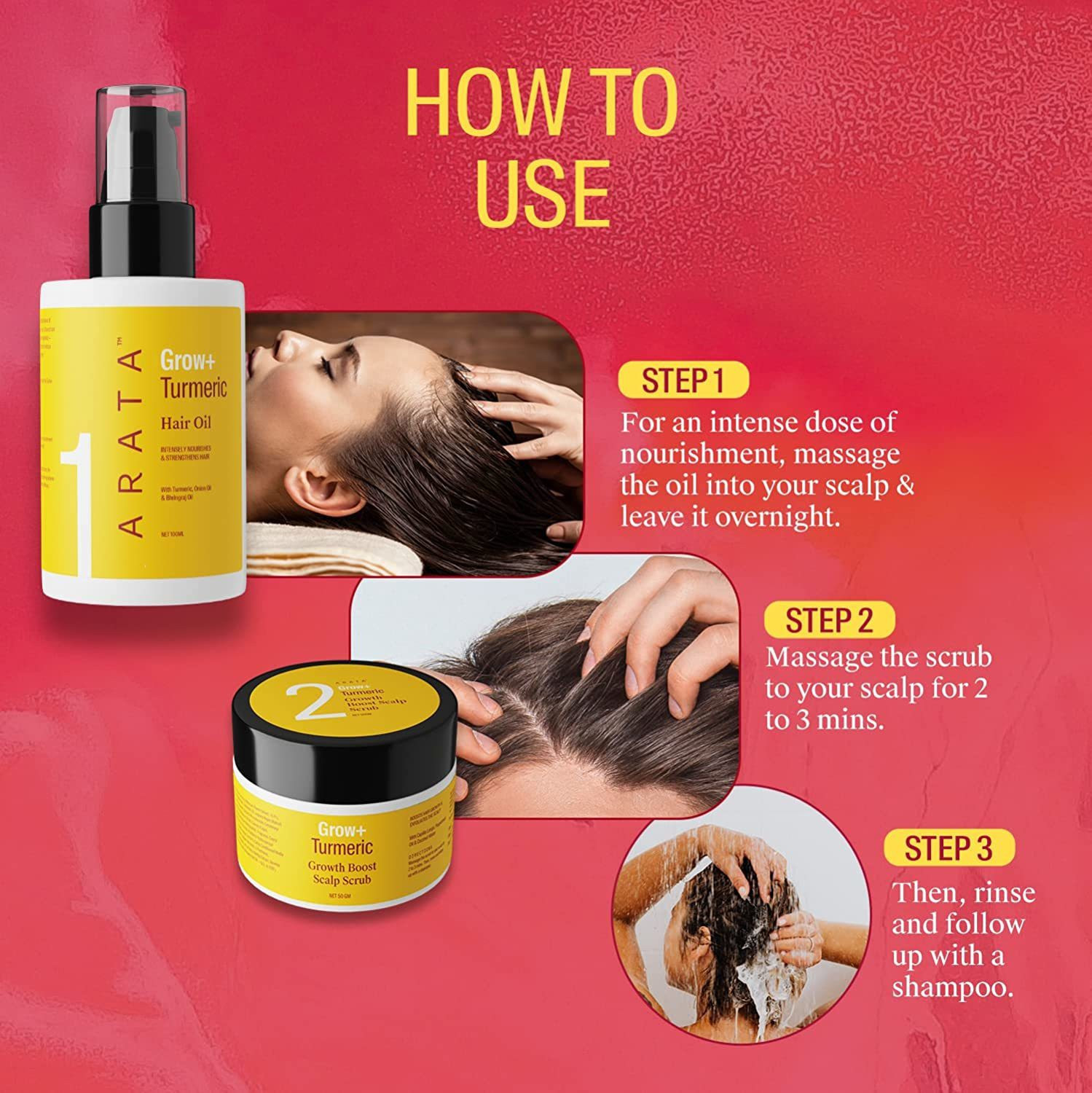 Image of ARATA Grow+ Hair Regrowth Kit | Turmeric Hair Oil & Scrub |Boosts Hair Growth