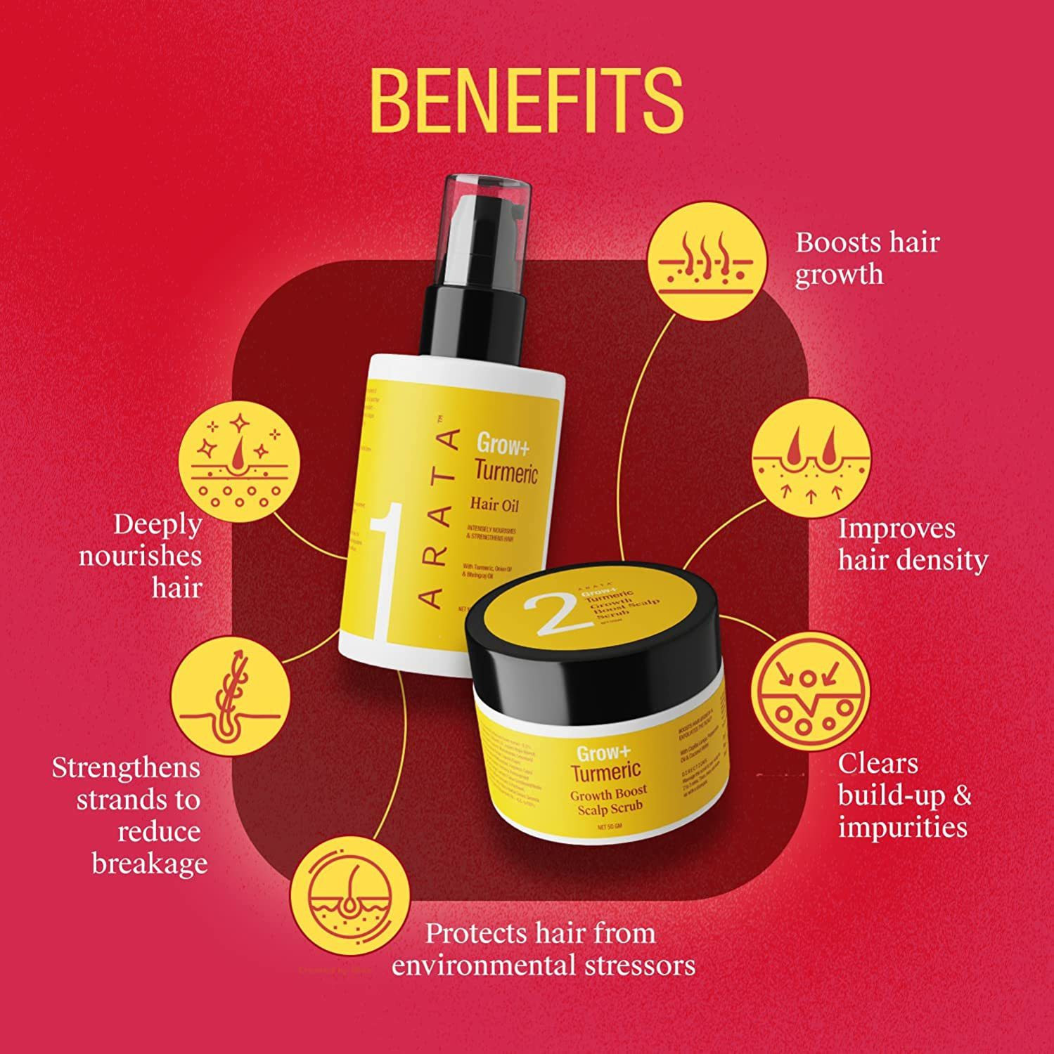 Image of ARATA Grow+ Hair Regrowth Kit | Turmeric Hair Oil & Scrub |Boosts Hair Growth