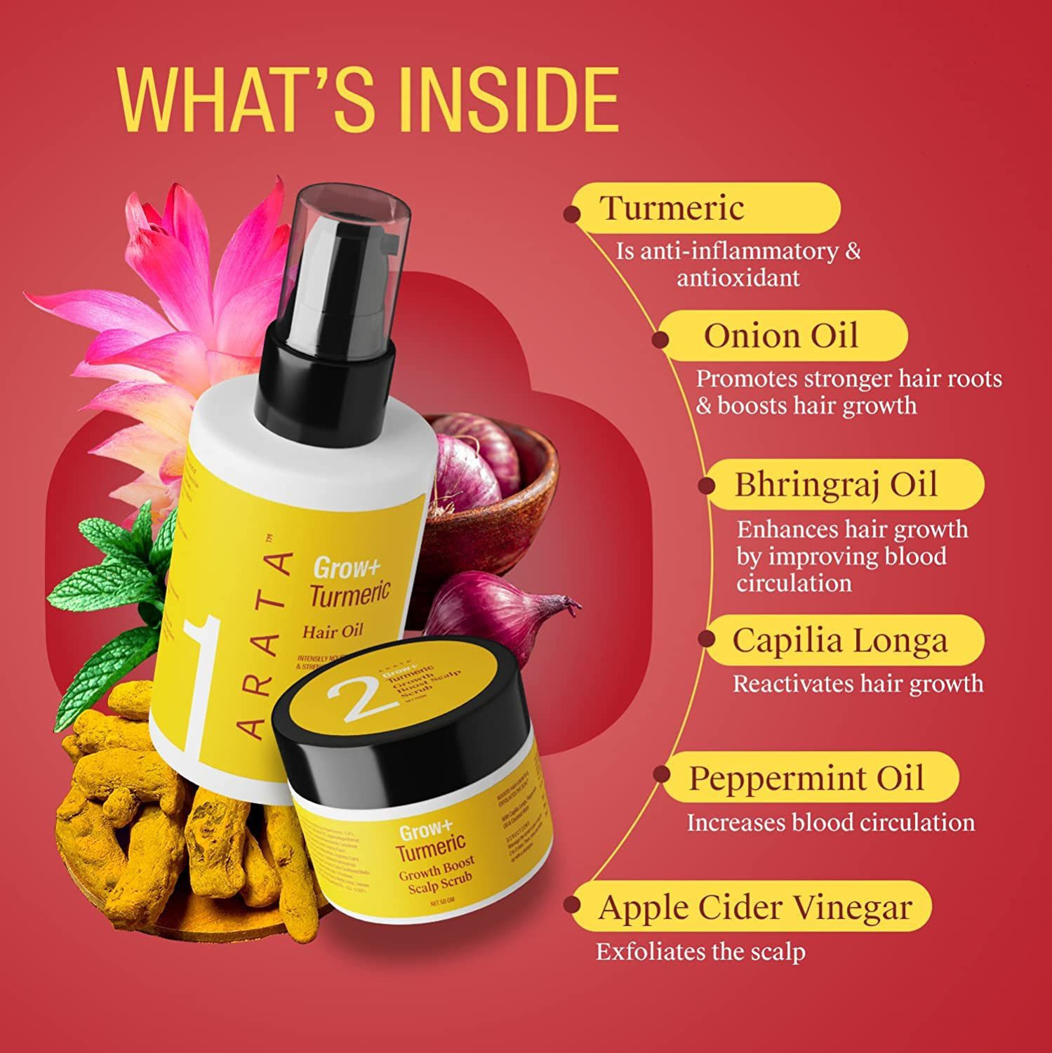 Image of ARATA Grow+ Hair Regrowth Kit | Turmeric Hair Oil & Scrub |Boosts Hair Growth