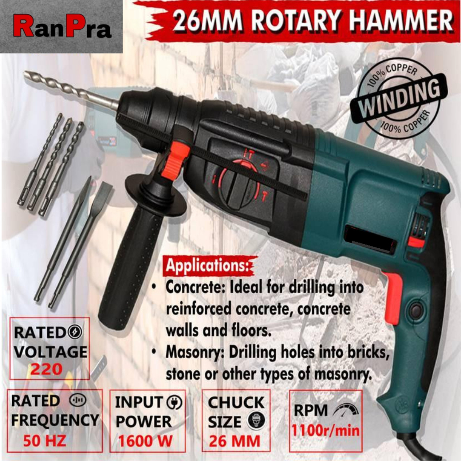 Image of RanPra 26MM HAMMER DRILL | HEAVY DUTY 26MM ROTARY HAMMER DRILL MACHINE 5pcs Drill bits and 4useable Blades and 4inch Angle Grinder Hammer Drill (26 mm Chuck Size, 650 W)