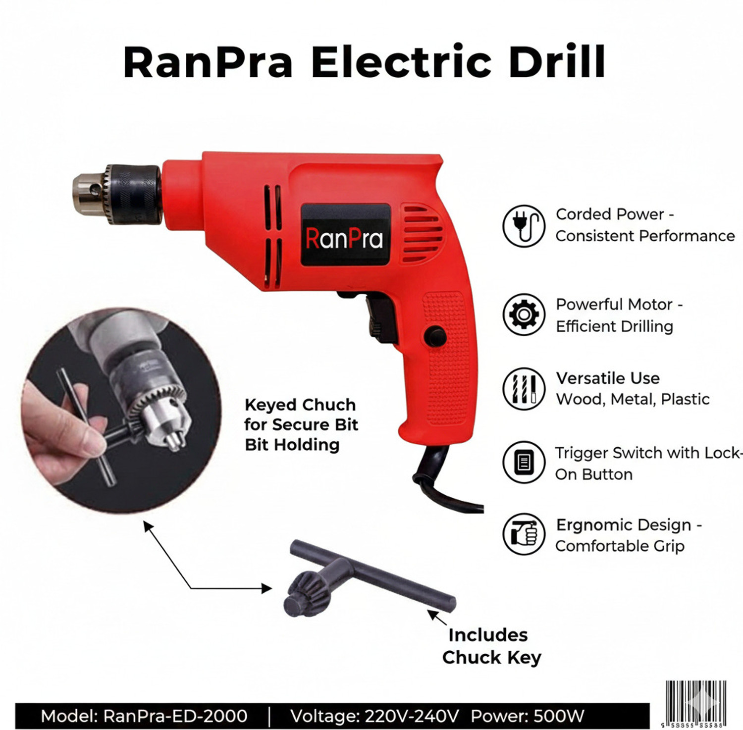 Image of RanPra 10MM DRILL MACHINE (FORWARD REVERSE FUNTION) WITH 10PCS SCREWDRIVER BIT & HAMMER 5pcs Drill bits and 4useable Blades and 4inch Angle Grinder Hammer Drill (10.2 mm Chuck Size, 650 W)