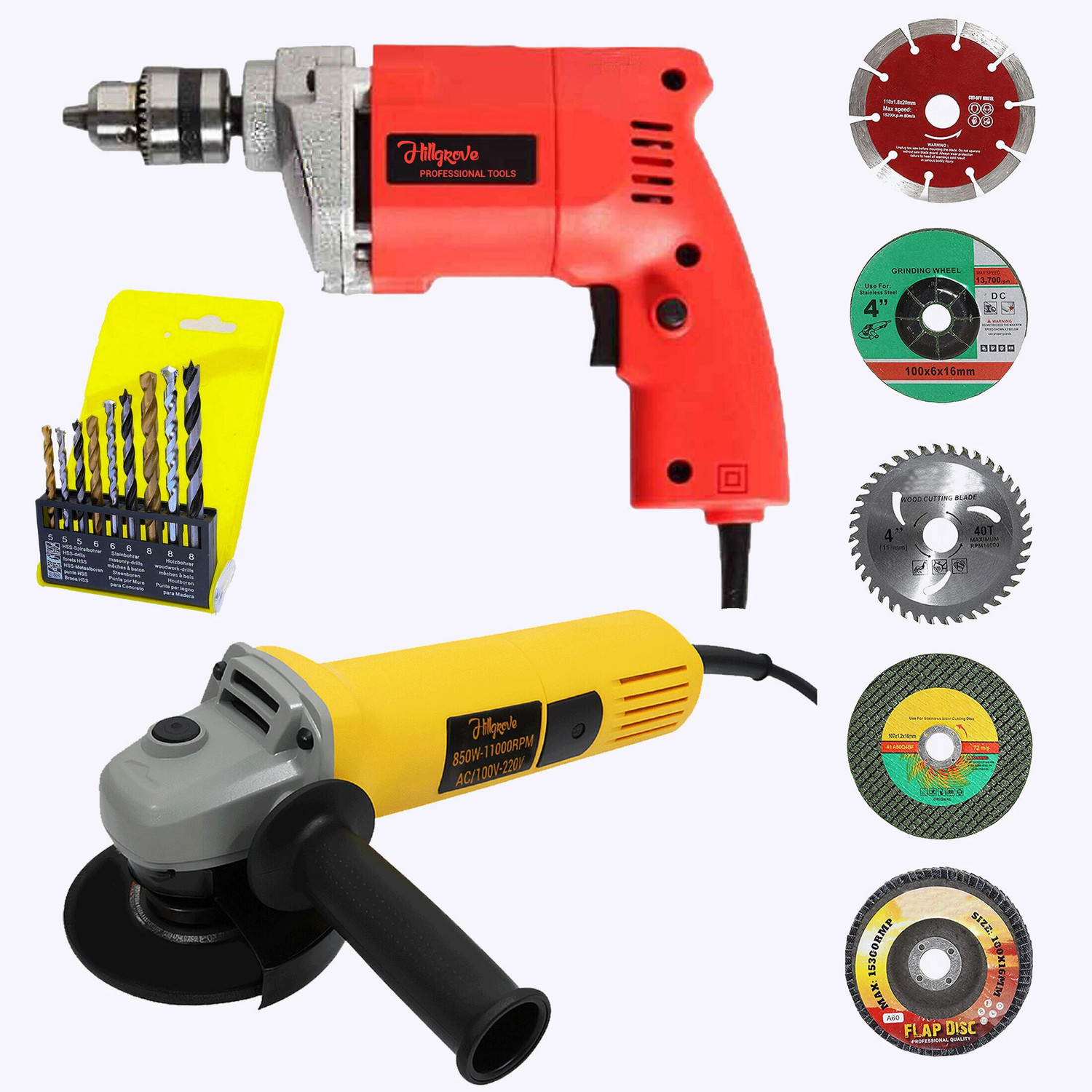 Image of RanPra 10MM DRILL MACHINE (FORWARD REVERSE FUNTION) WITH 10PCS SCREWDRIVER BIT & HAMMER 5pcs Drill bits and 4useable Blades and 4inch Angle Grinder Hammer Drill (10.2 mm Chuck Size, 650 W)