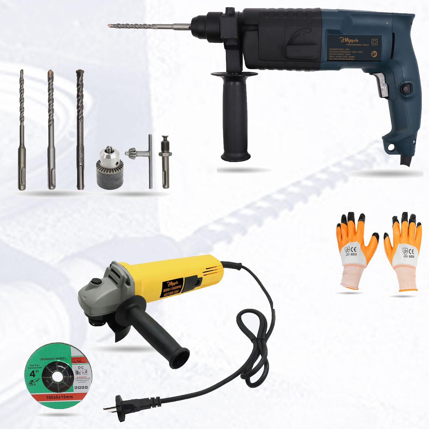 Image of RanPra 10MM DRILL MACHINE (FORWARD REVERSE FUNTION) WITH 10PCS SCREWDRIVER BIT & HAMMER 5pcs Drill bits and 4useable Blades and 4inch Angle Grinder Hammer Drill (10.2 mm Chuck Size, 650 W)
