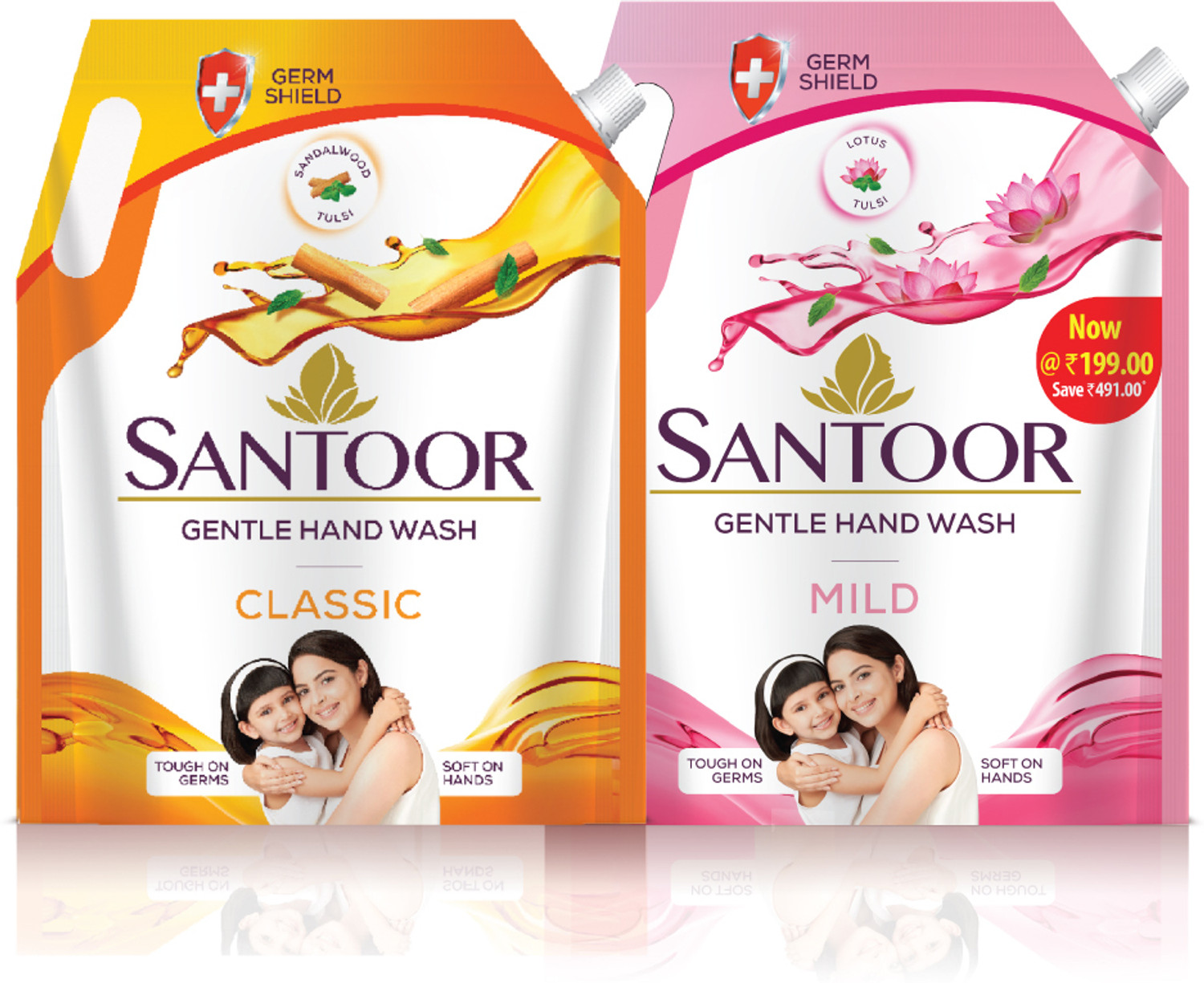 Image of Santoor by Wipro Classic Gentle with Goodness of Sandalwood & Tulsi Hand Wash Pouch