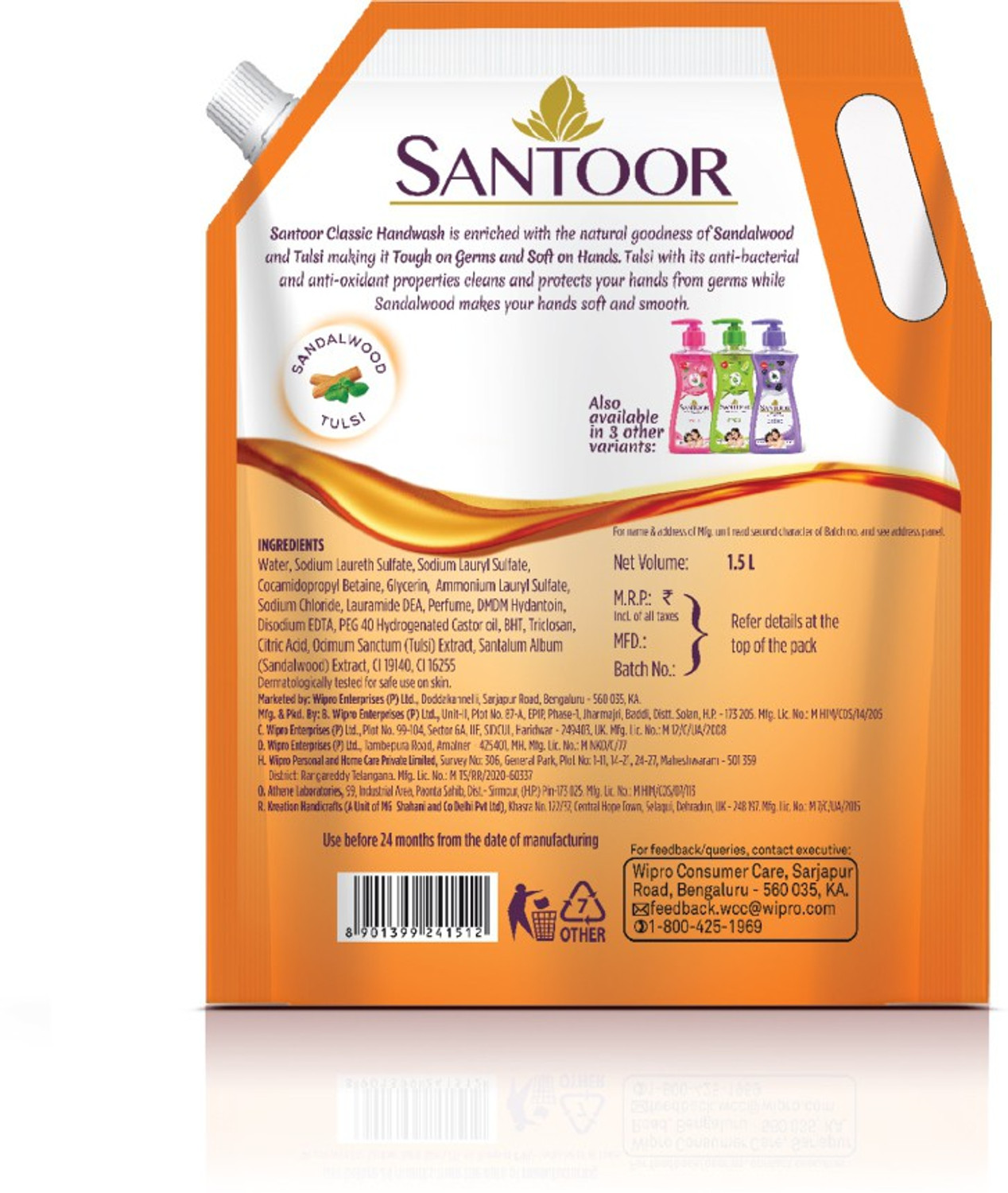 Image of Santoor by Wipro Classic Gentle with Goodness of Sandalwood & Tulsi Hand Wash Pouch