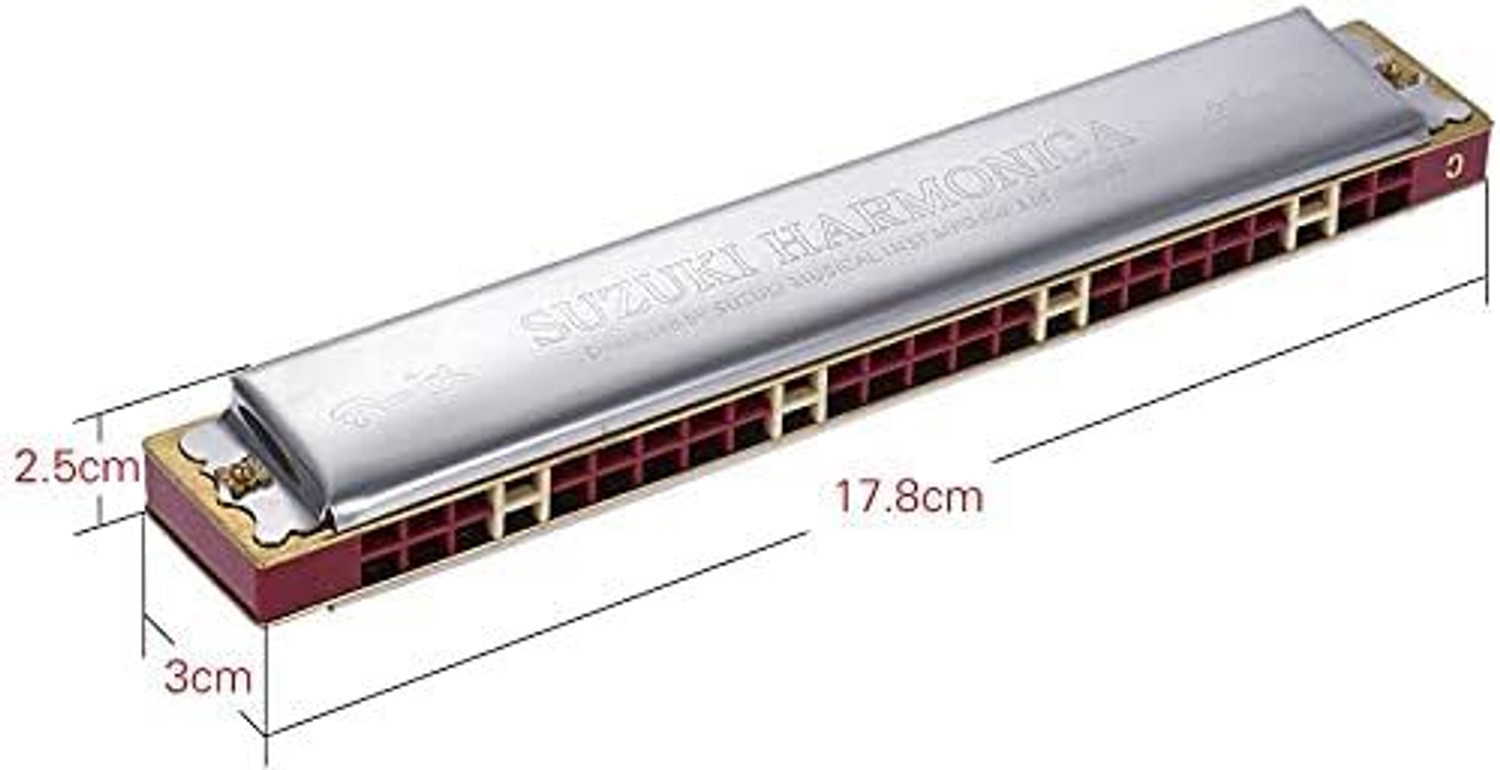 Image of SUZUKI Harmonica Study-24 Holes Harmonica Tremolo Key of C with Cleaning Cloth Box (silver)