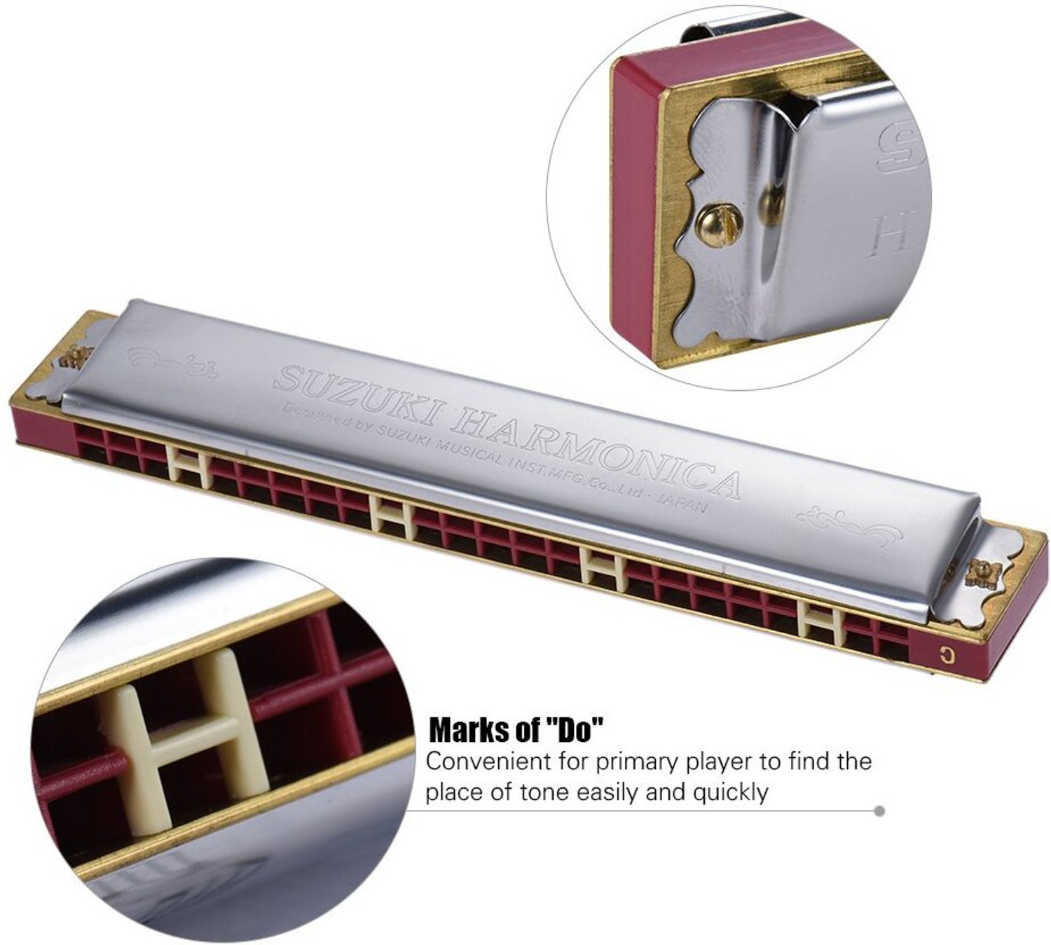 Image of SUZUKI Harmonica Study-24 Holes Harmonica Tremolo Key of C with Cleaning Cloth Box (silver)