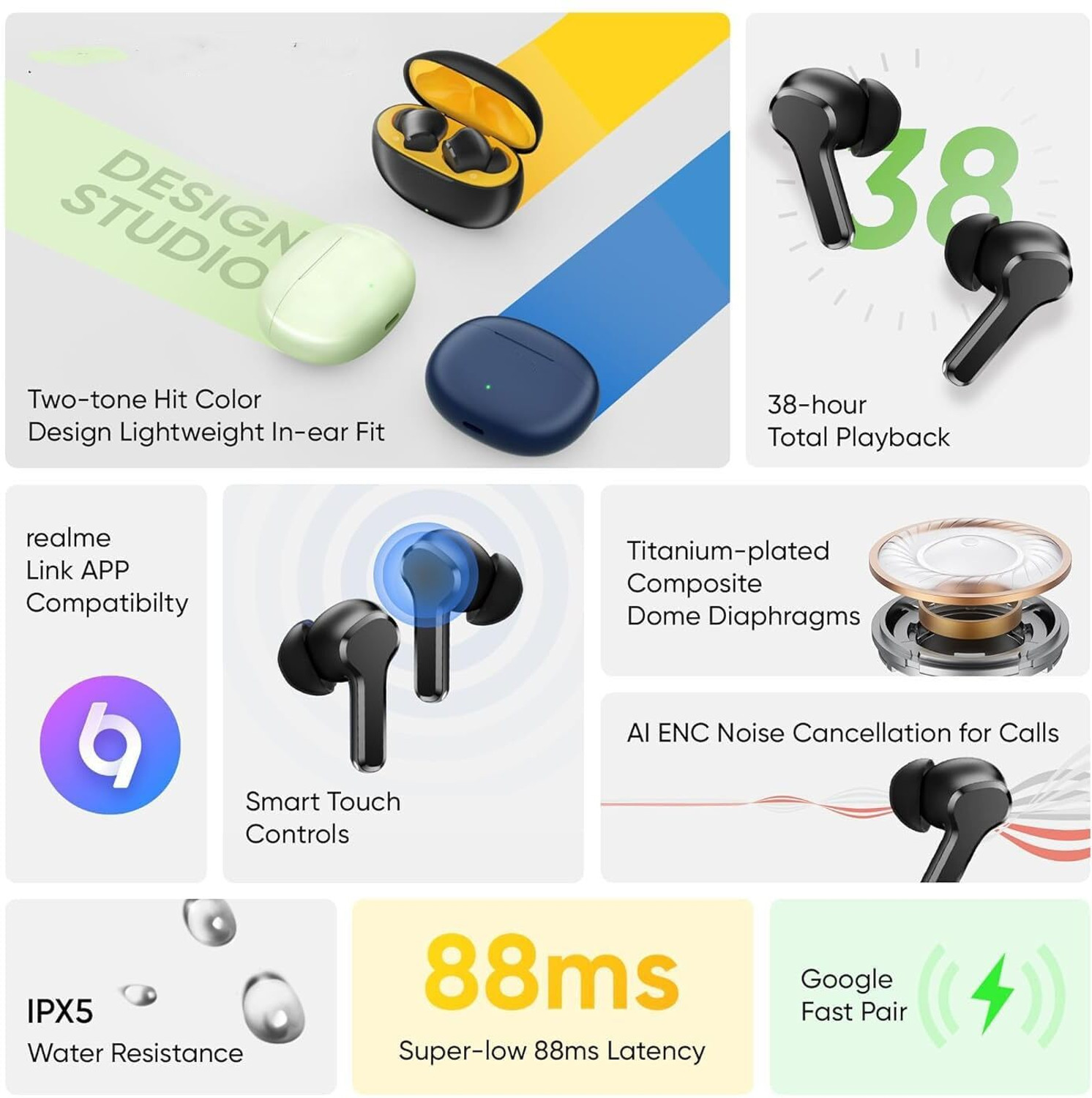Image of Lynacz Original True Wireless Earbuds T110 Compatible with realme Android Devices Bluetooth Headset (Black, In the Ear)