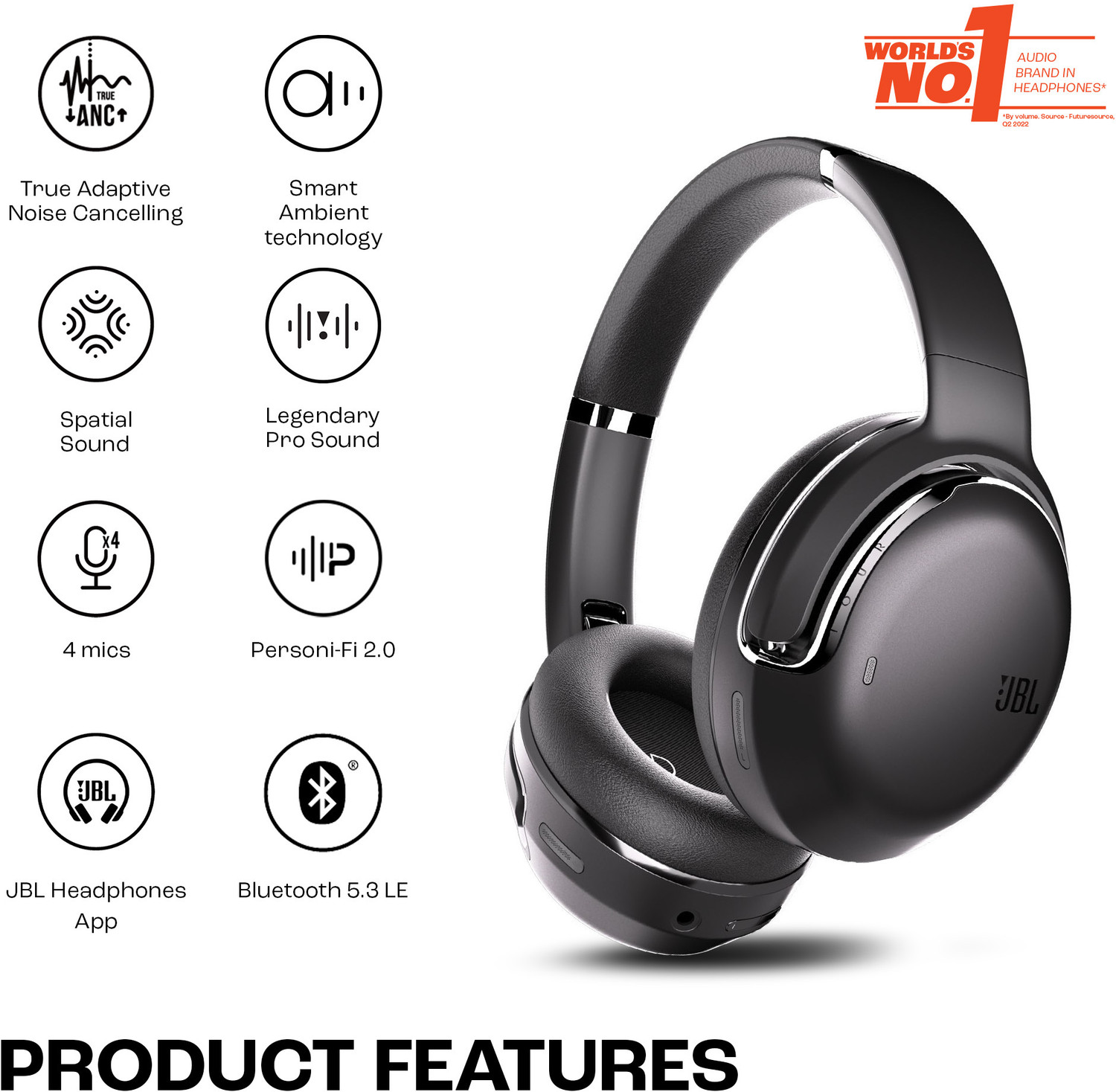 Image of JBL Tour One M2, Adaptive ANC, Smart Ambient, Up to 50Hr, Pro Sound, JBL App, 4-Mic, Bluetooth Gaming