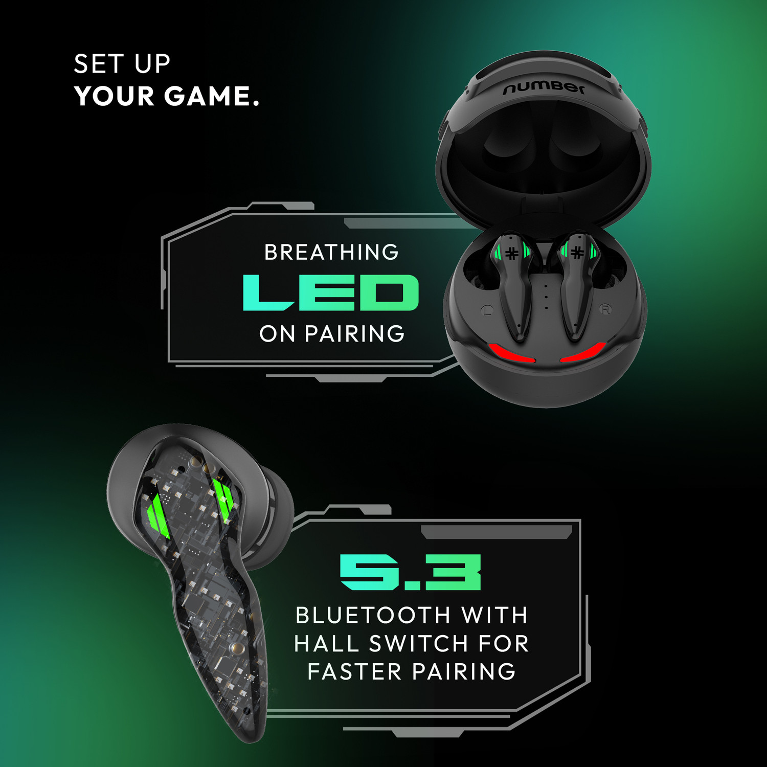 Image of Number Super Buds Pro GT9 Helmet MEMS ENC Gaming TWS, 48 Hrs Battery, 40ms Low Latency Bluetooth