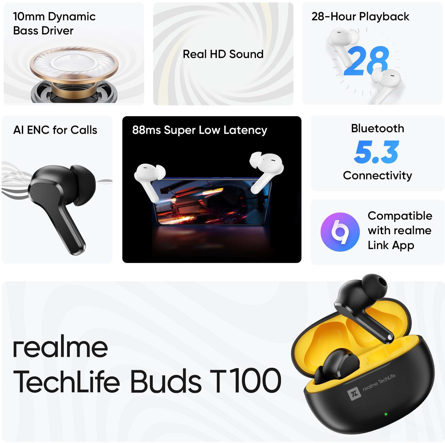 Image of realme Techlife Buds T100 with up to 28 Hours Playback & AI ENC for Calls Bluetooth