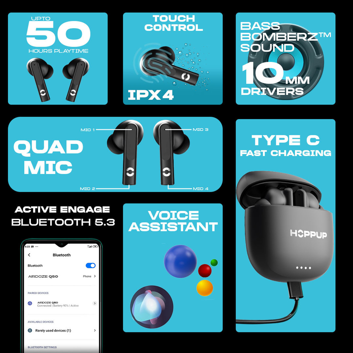 Image of HOPPUP AirDoze Q50 Earbuds with Quad Mic ENC, 50H Playtime, v5.3 & Rage Mode Bluetooth