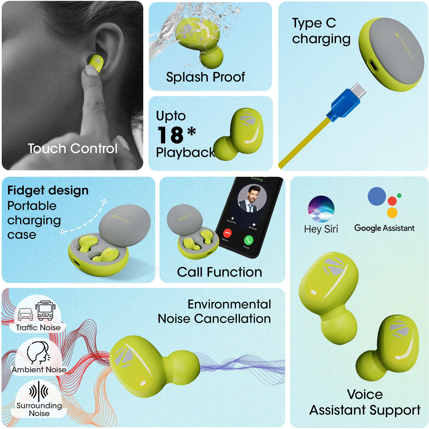 Image of ZEBRONICS ZEB-SOUND BOMB N1 TWS earbuds, ENC, Voice assistant, Splash Proof Bluetooth