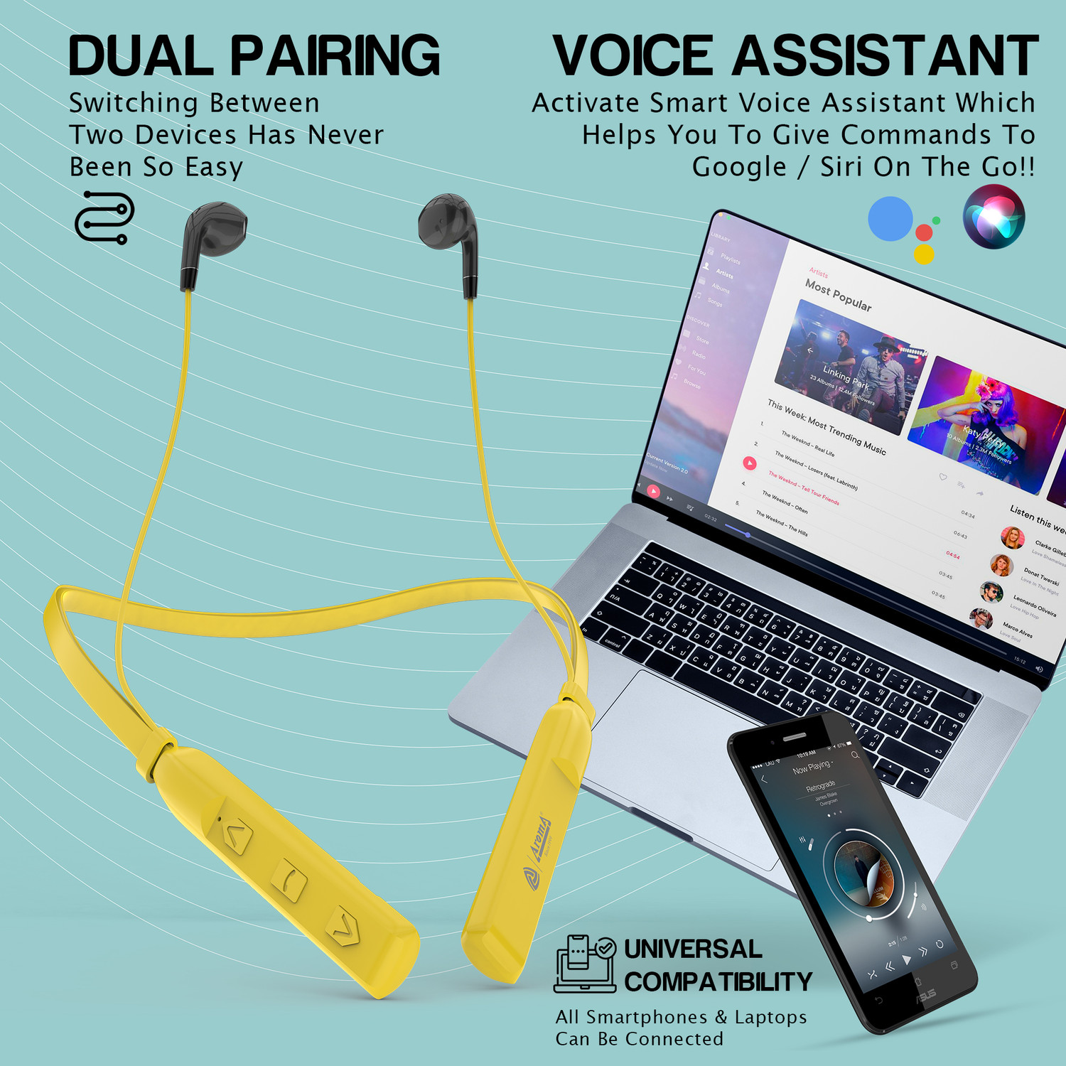 Image of Aroma NB119D Dream 60 Hours Playing Time Fast Charging Bluetooth Neckband Earphone Bluetooth