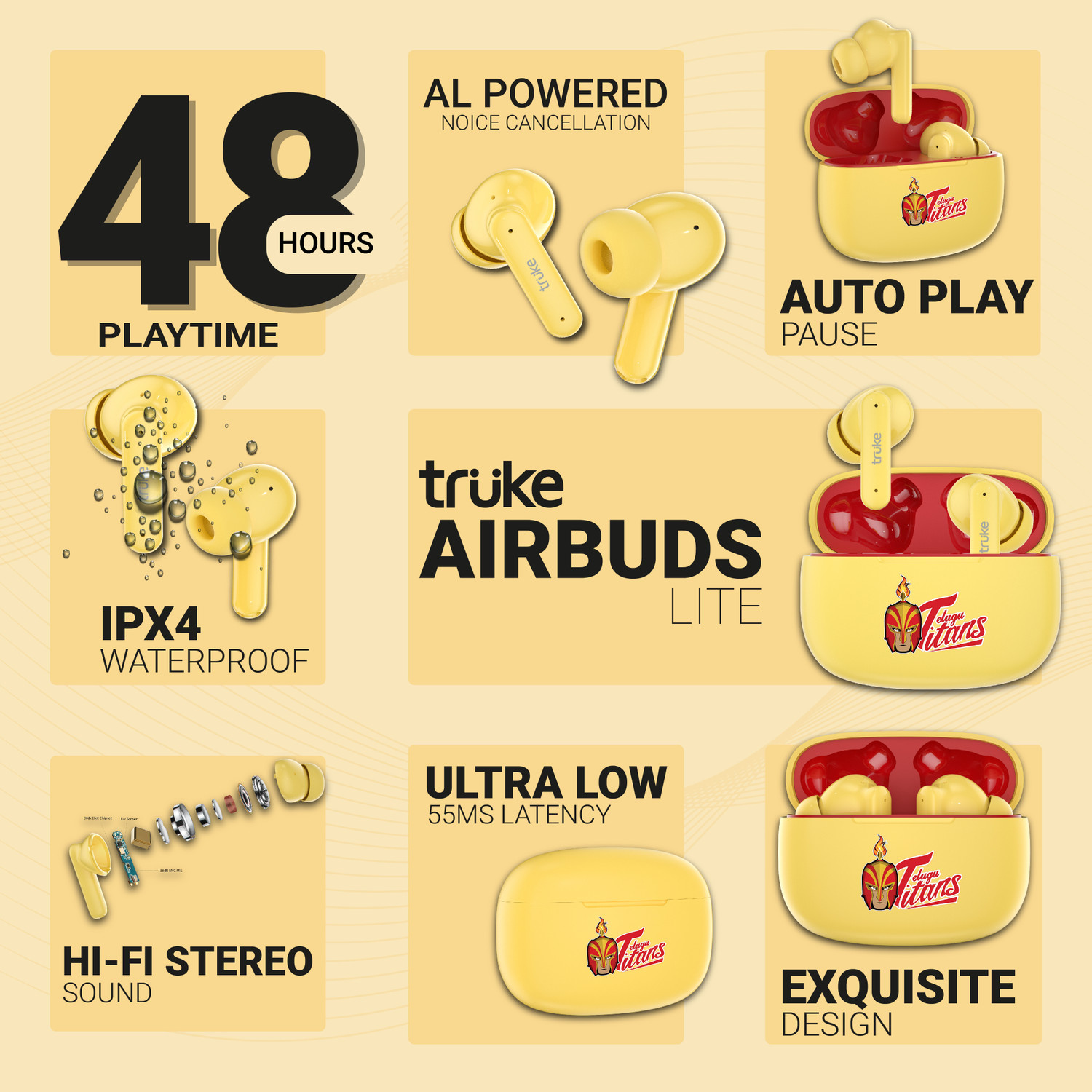 Image of truke Air Buds Lite with Quad Mic ENC, 10mm Driver, Ear Sensor, 48Hours Playtime Bluetooth Gaming (Yellow, True Wireless)
