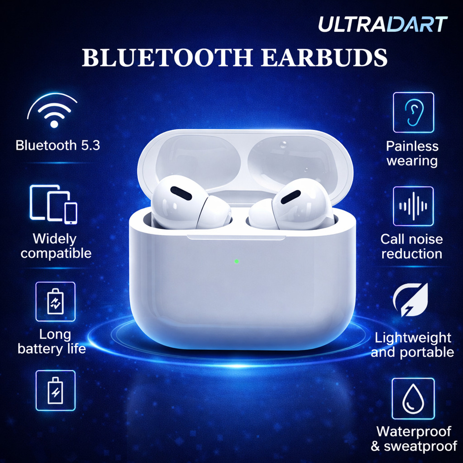 Image of ULTRADART ULTRAPRO 2 Plus TWS Earbuds with Bluetooth 5.3 and Long Battery Life Bluetooth Headset (White, True Wireless)