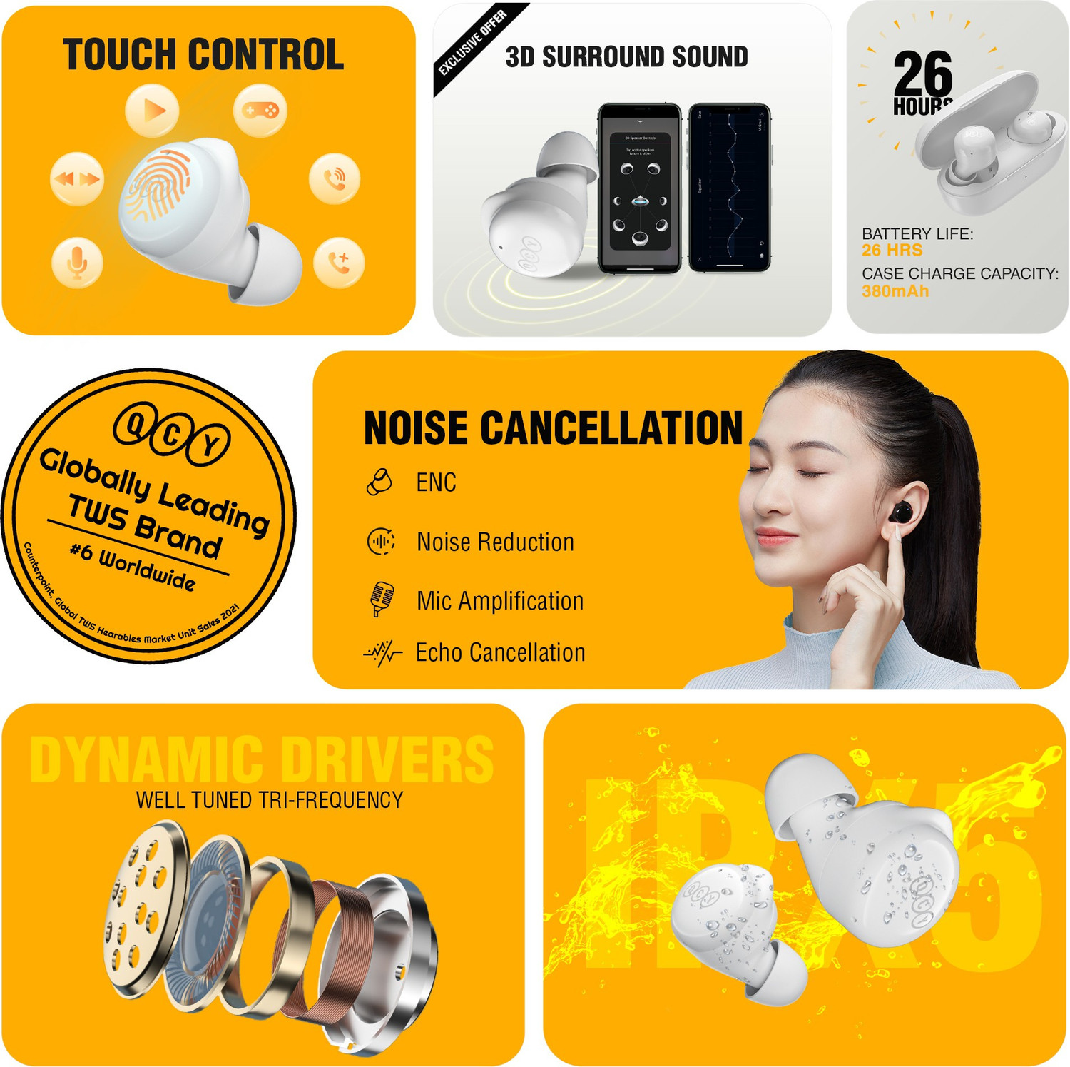 Image of QCY T17 TWS Earbuds with 3D Sound, 26H Playback Time, Low latency, Voice Assistant Bluetooth