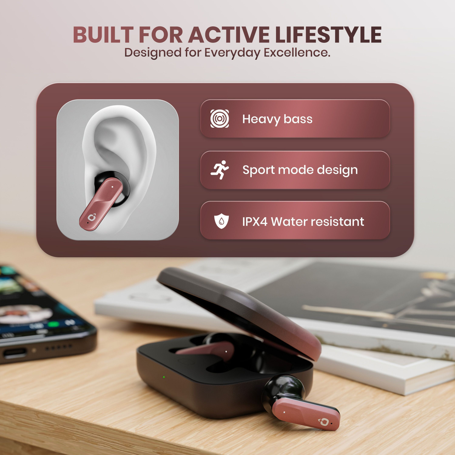 Image of Fitpro X ATOM Premium TWS Earbuds - HD Audio & Portable Charging Case Bluetooth Headset (Red, True Wireless)