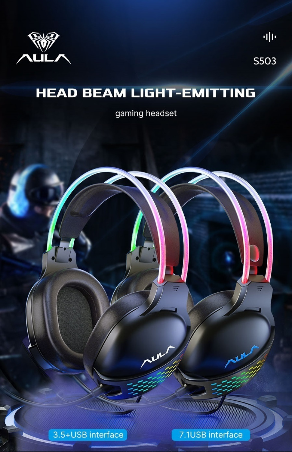 Image of Aula S503 Professional Wired Gaming Headset with RGB Head Beam, Wired Gaming Headset (Black, On the Ear)