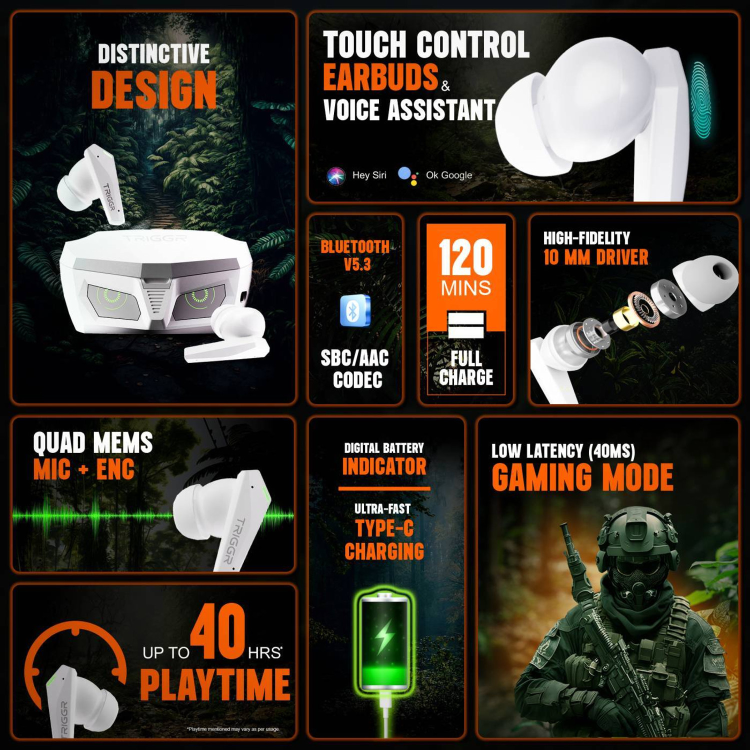 Image of TRIGGR Kraken X1 with Battery Display, 40ms Latency, Quad Mic ENC, 40 Hr Battery, v5.3 Bluetooth