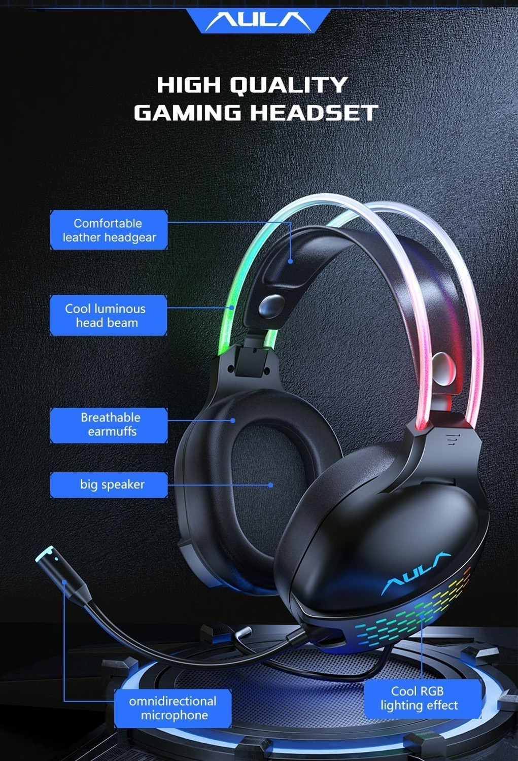 Image of Aula S503 Professional Wired Gaming Headset with RGB Head Beam, Wired Gaming Headset (Black, On the Ear)