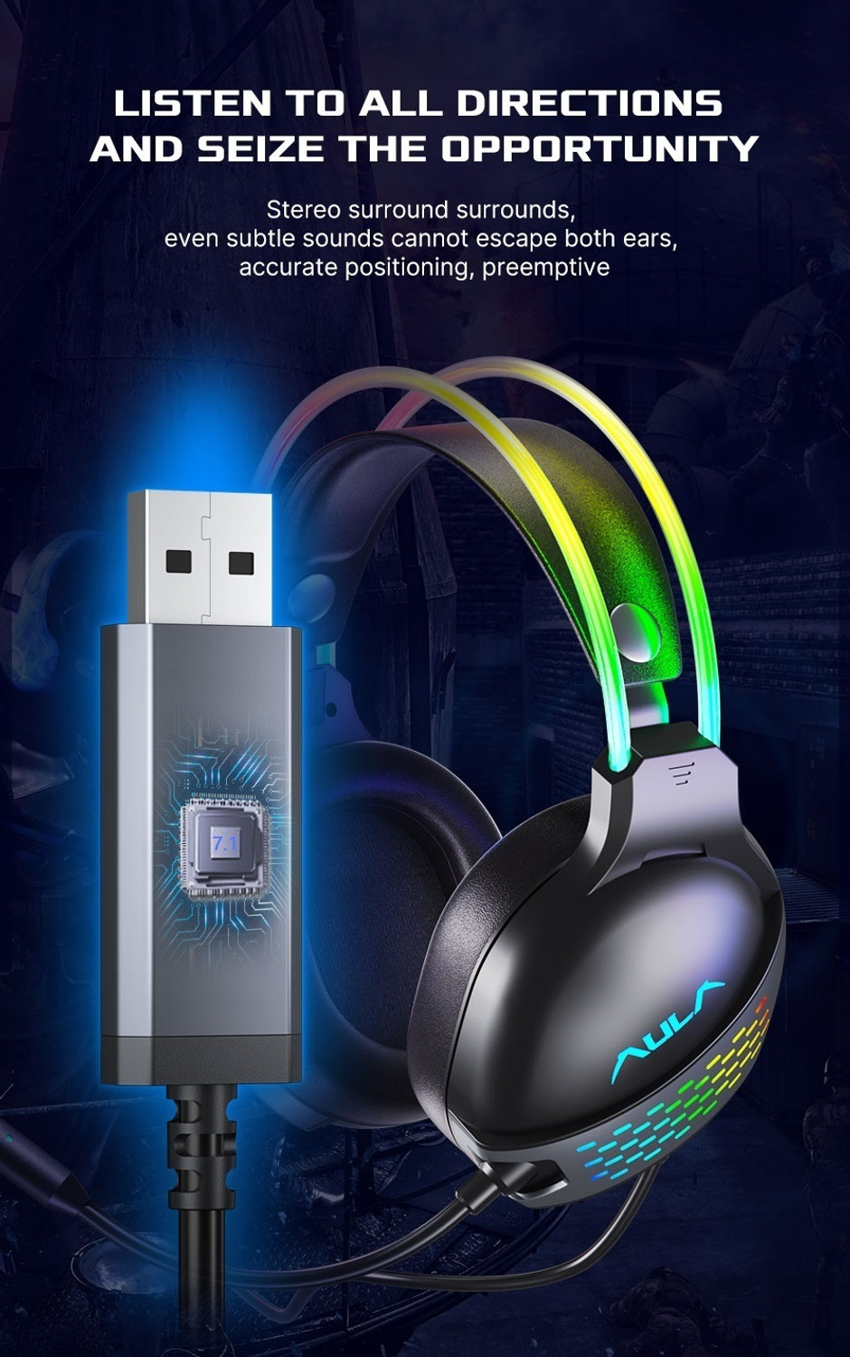 Image of Aula S503 Professional Wired Gaming Headset with RGB Head Beam, Wired Gaming Headset (Black, On the Ear)