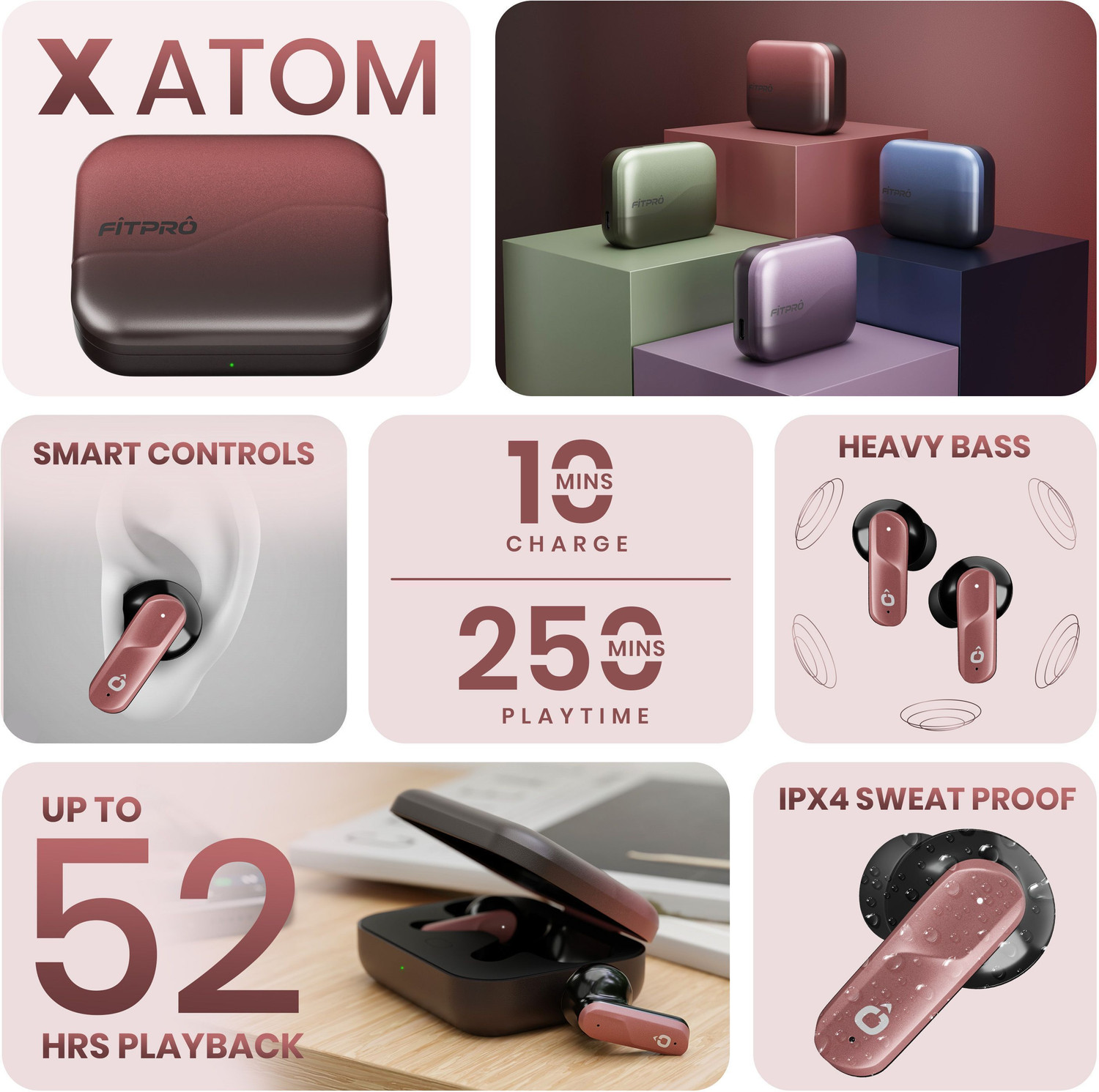 Image of Fitpro X ATOM Premium TWS Earbuds - HD Audio & Portable Charging Case Bluetooth Headset (Red, True Wireless)
