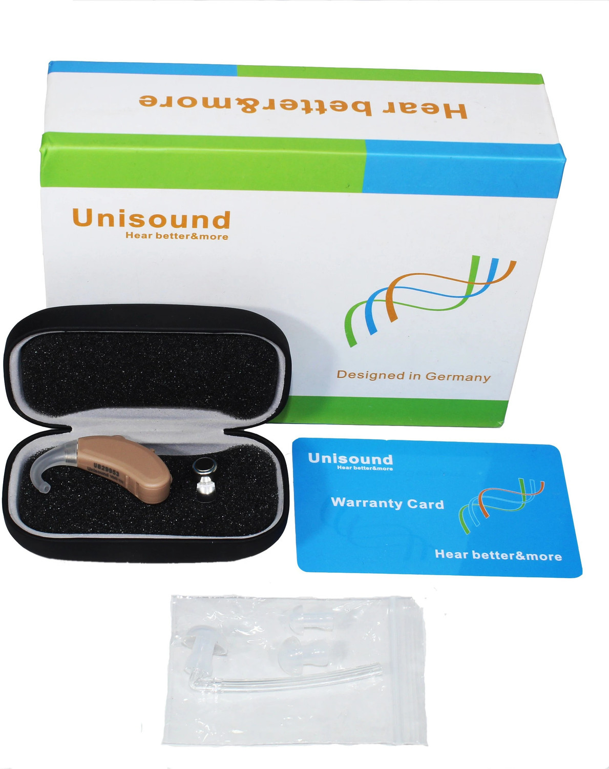 Image of Unisound VIVO111 Ear Amplifier Device German Made With 1 Year Warranty Hearing Aid machine for ear- Vivo 111(New)- Behind The Ear Model- with Hearing Aid Battery- P13- Pack Of 6 Behind the ear Hearing Aid (Beige)