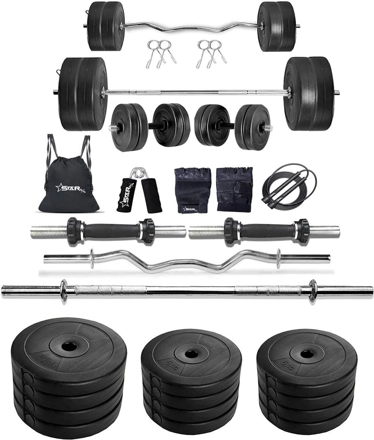 Star X 80 kg PVC Weight Plates with 3Ft Curl Rod and 5Ft Straight Rod with Gym Accessories Home Gym Combo Home Gym Combo