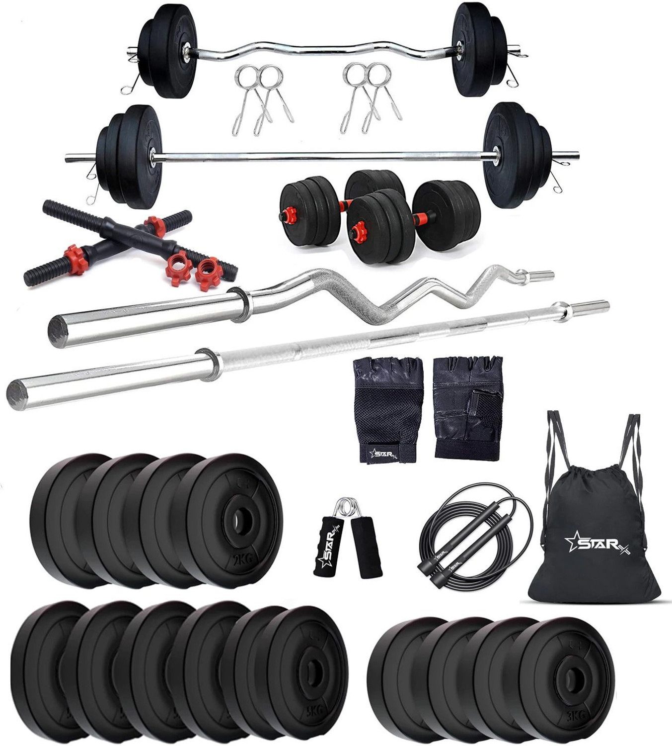 Star X 50 kg PVC 50KG COMBO WITH 3FT CURL AND 5FT STRAIGHT ROD AND ACCESSORIES Home Gym Combo
