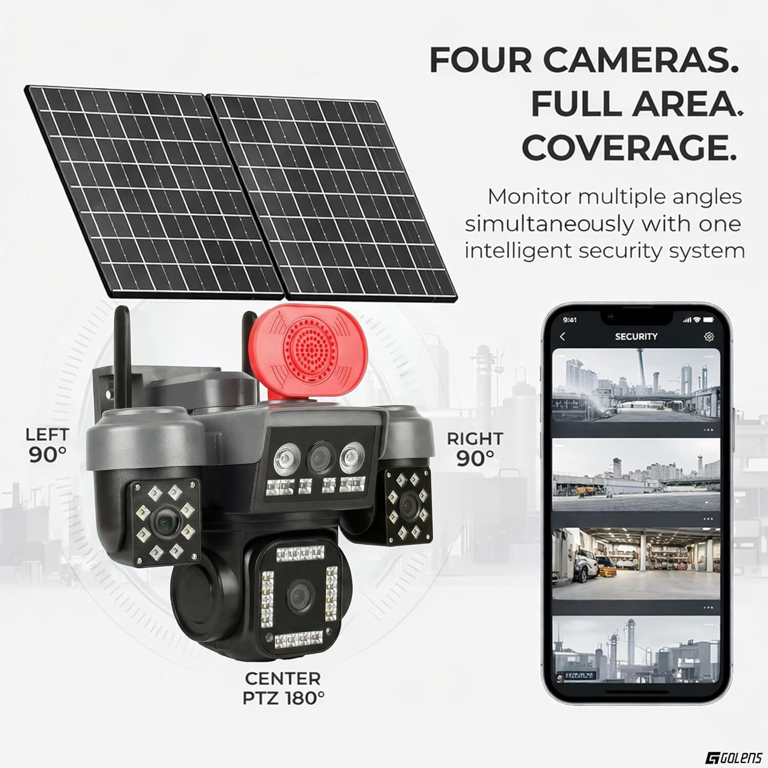 Image of GOLENS WC24H 4G Solar Camera Dual Panel, 4 Lens AI Tracking, Night Vision CCTV Security Camera (256 GB, 4 Channel)