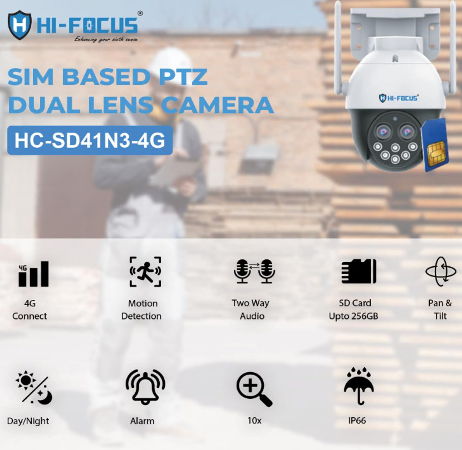 Image of Hi-Foucs 4G SIM Based PT Dual Lens 10x Zoom Color Night-view Camera (model HC-SD41N3-4G) Security Camera (Micro SD card (up to 512GB) GB, 1 Channel)