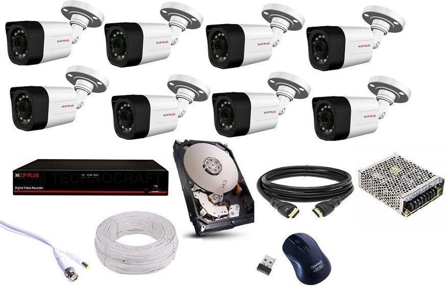 CP PLUS 8 BULLET (2.4MP), 8 CHANNEL DVR, 8 CHANNEL POWER SUPPLY, 90M W
