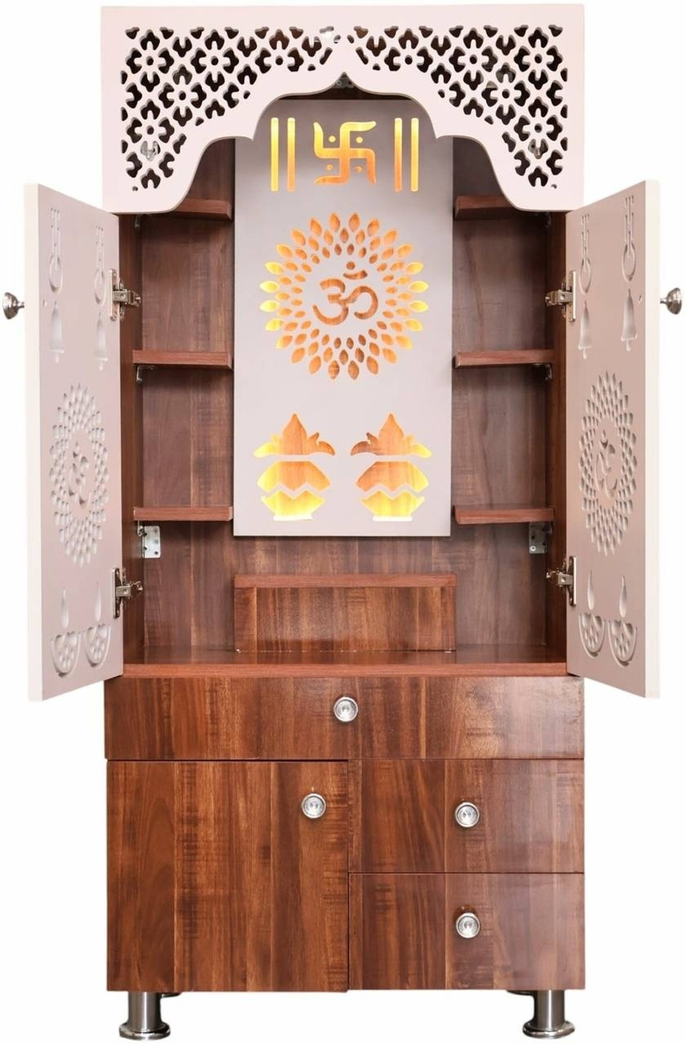 Image of The Mandir Company Pooja Mandir for Home with LED Light & Storage | White Marble Finish Engineered Wood Home Temple (Height: 130, Pre-assembled)
