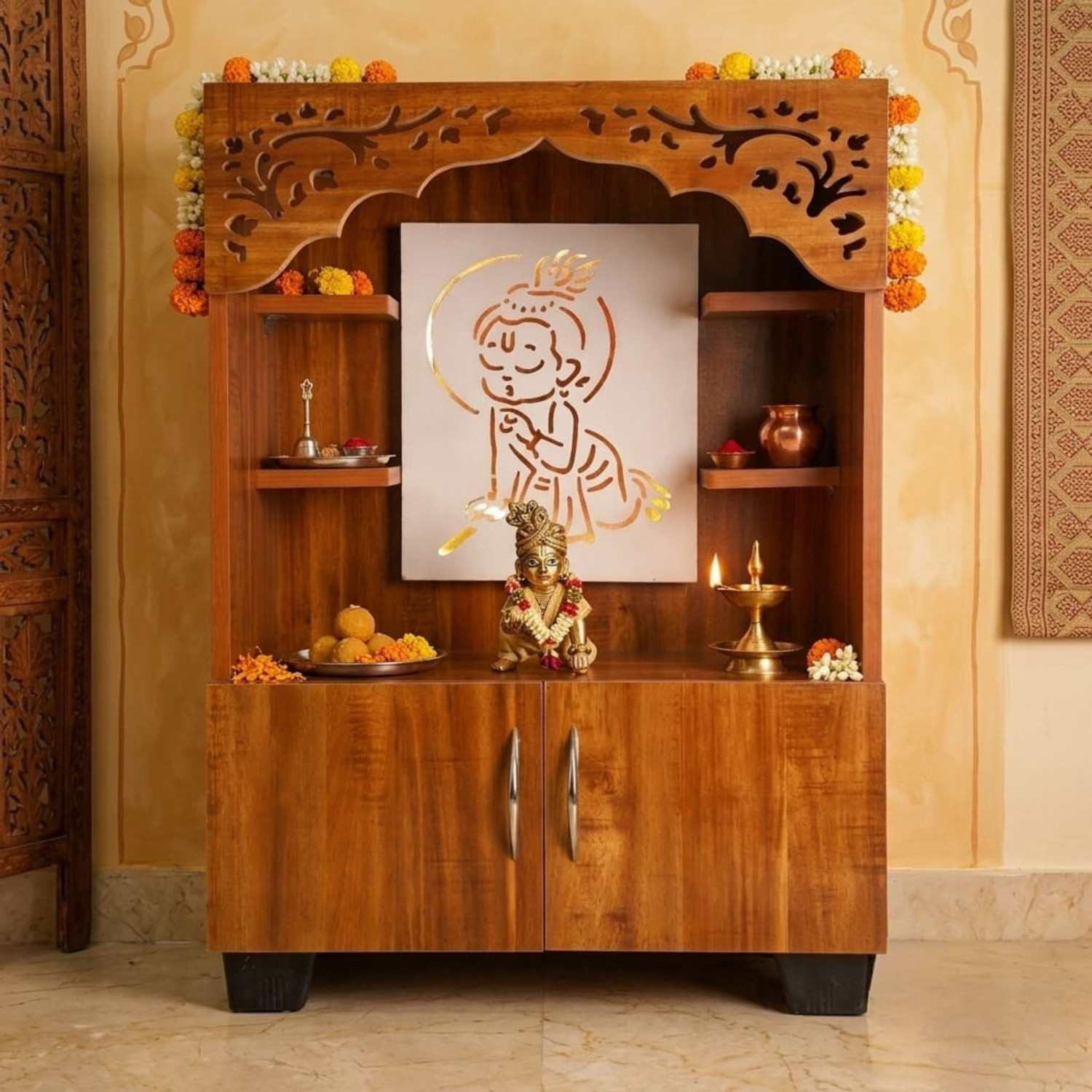 Image of The Mandir Company Pooja Mandir for Home with LED Light & Storage | White Marble Finish Engineered Wood Home Temple (Height: 130, Pre-assembled)