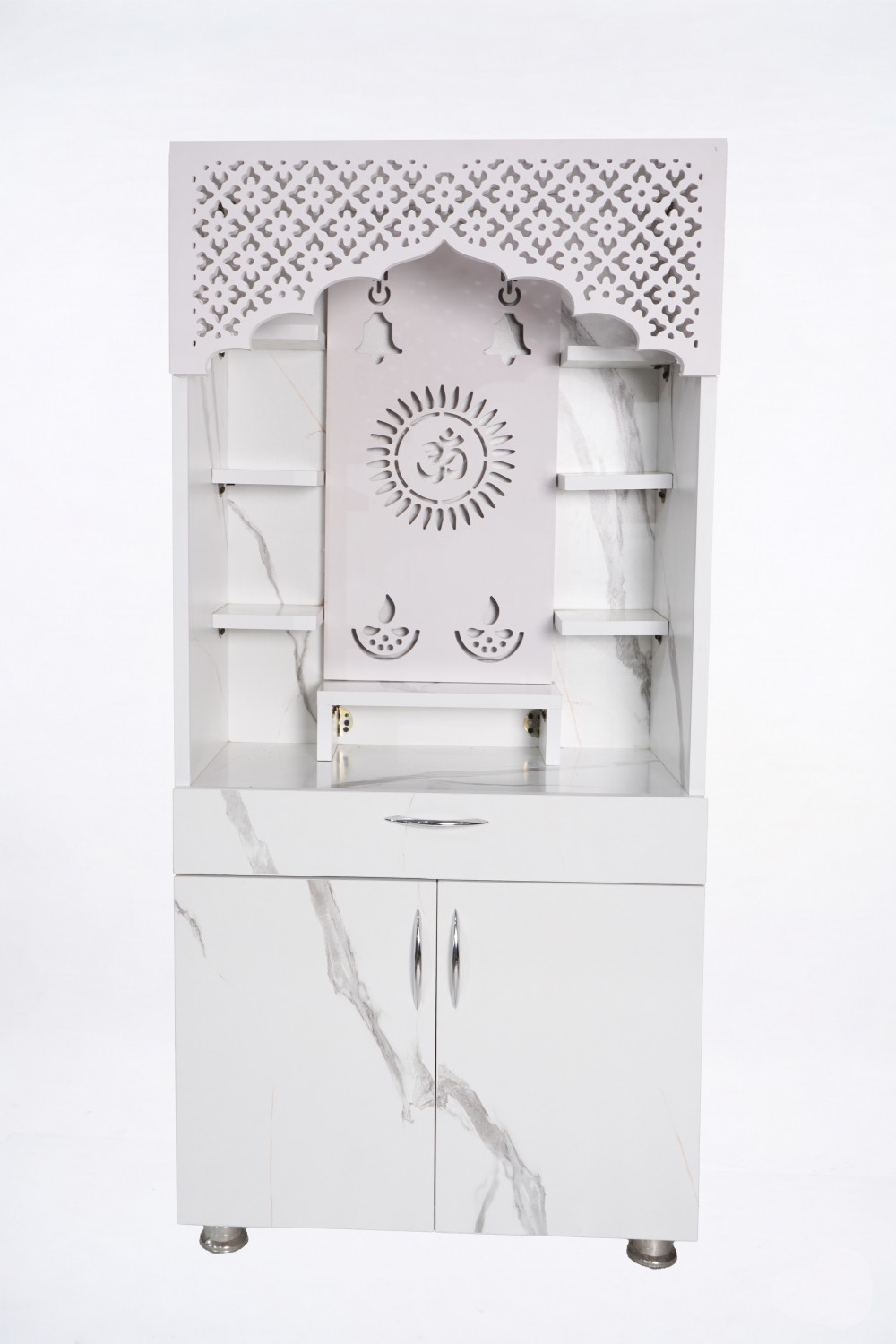 Image of The Mandir Company Pooja Mandir for Home with LED Light & Storage | White Marble Finish Engineered Wood Home Temple (Height: 130, Pre-assembled)