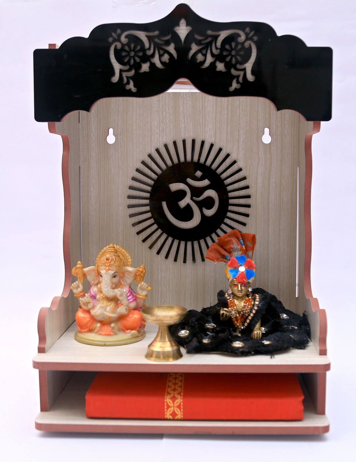 Image of The Mandir Company Pooja Mandir for Home with LED Light & Storage | White Marble Finish Engineered Wood Home Temple (Height: 130, Pre-assembled)