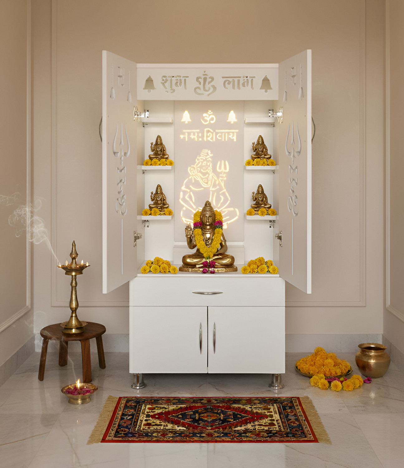 Image of The Mandir Company Pooja Mandir for Home with LED Light & Storage | White Marble Finish Engineered Wood Home Temple (Height: 130, Pre-assembled)