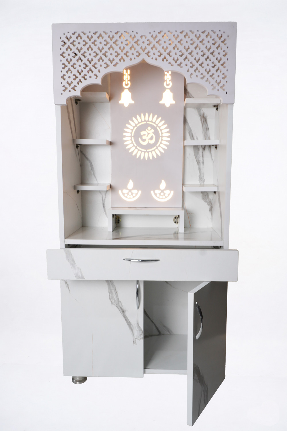 Image of The Mandir Company Pooja Mandir for Home with LED Light & Storage | White Marble Finish Engineered Wood Home Temple (Height: 130, Pre-assembled)