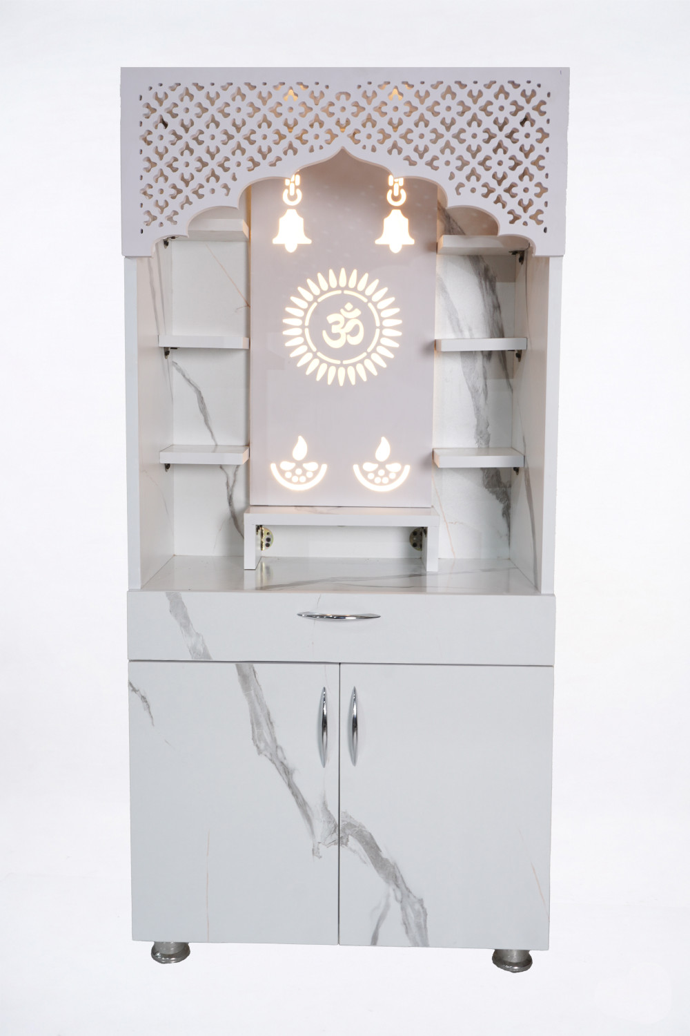 Image of The Mandir Company Pooja Mandir for Home with LED Light & Storage | White Marble Finish Engineered Wood Home Temple (Height: 130, Pre-assembled)