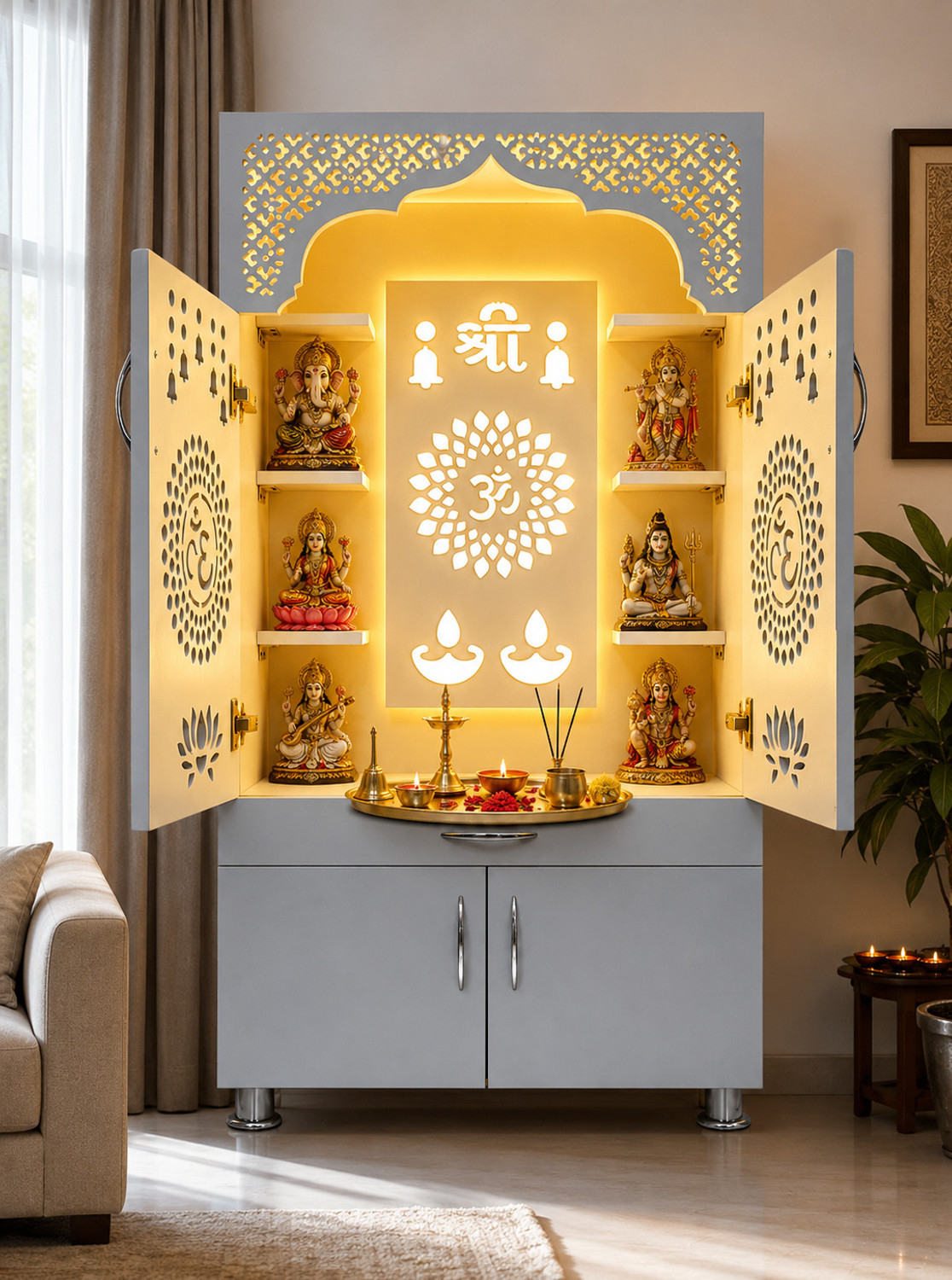 Image of The Mandir Company Pooja Mandir for Home with LED Light & Storage | White Marble Finish Engineered Wood Home Temple (Height: 130, Pre-assembled)