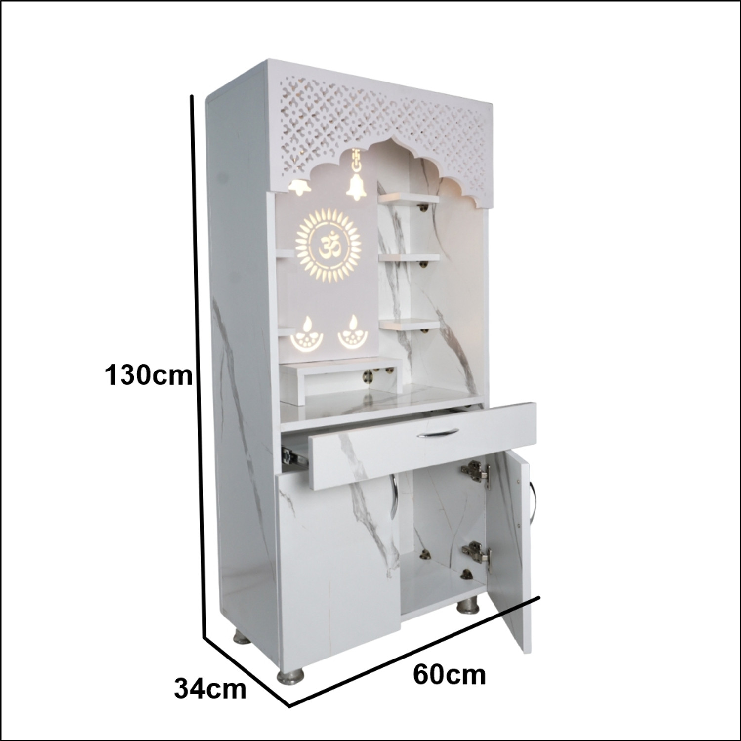 Image of The Mandir Company Pooja Mandir for Home with LED Light & Storage | White Marble Finish Engineered Wood Home Temple (Height: 130, Pre-assembled)