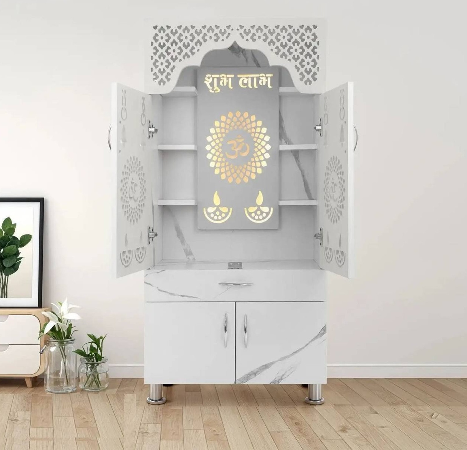 Image of The Mandir Company Pooja Mandir for Home with LED Light & Storage | White Marble Finish Engineered Wood Home Temple (Height: 130, Pre-assembled)