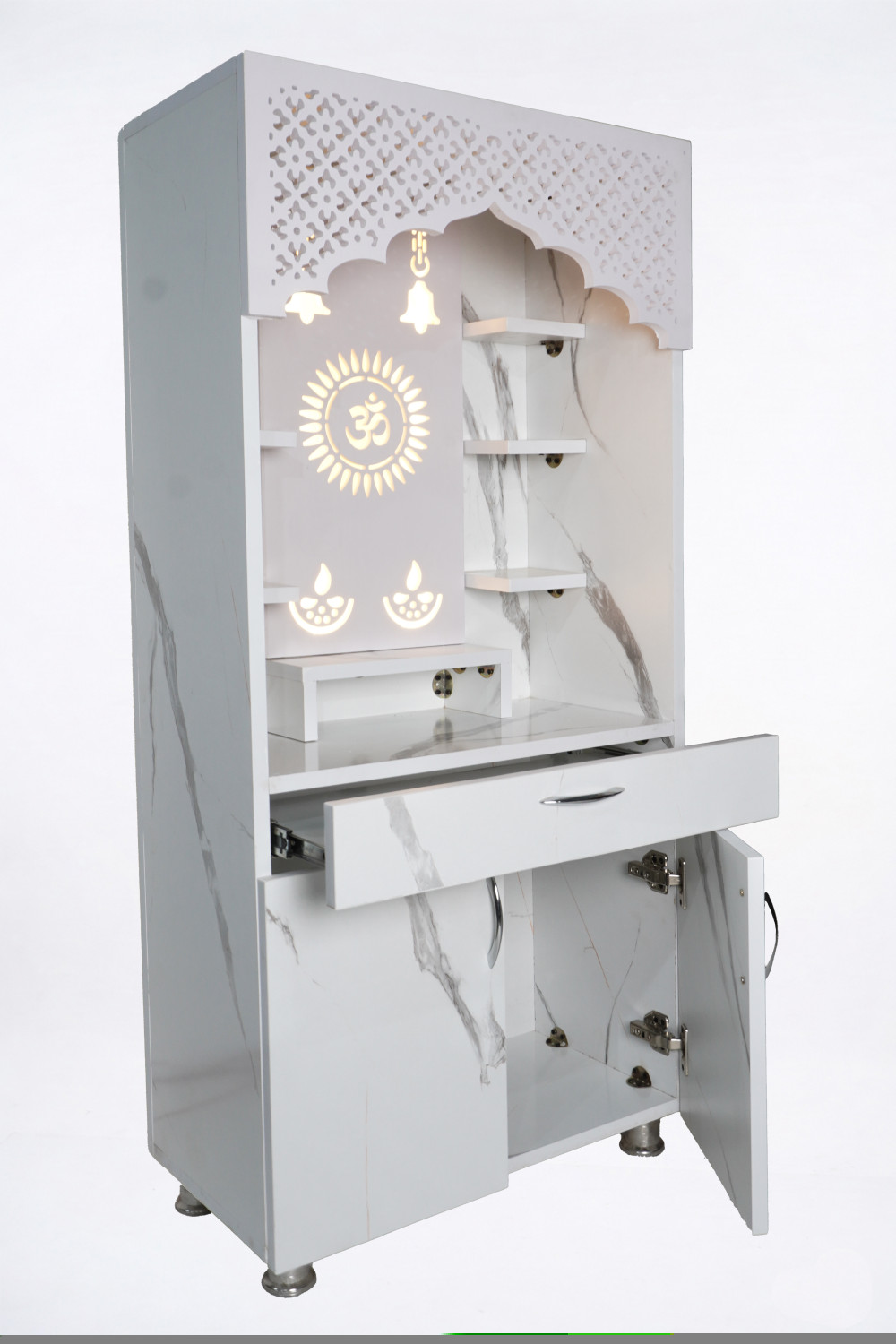Image of The Mandir Company Pooja Mandir for Home with LED Light & Storage | White Marble Finish Engineered Wood Home Temple (Height: 130, Pre-assembled)