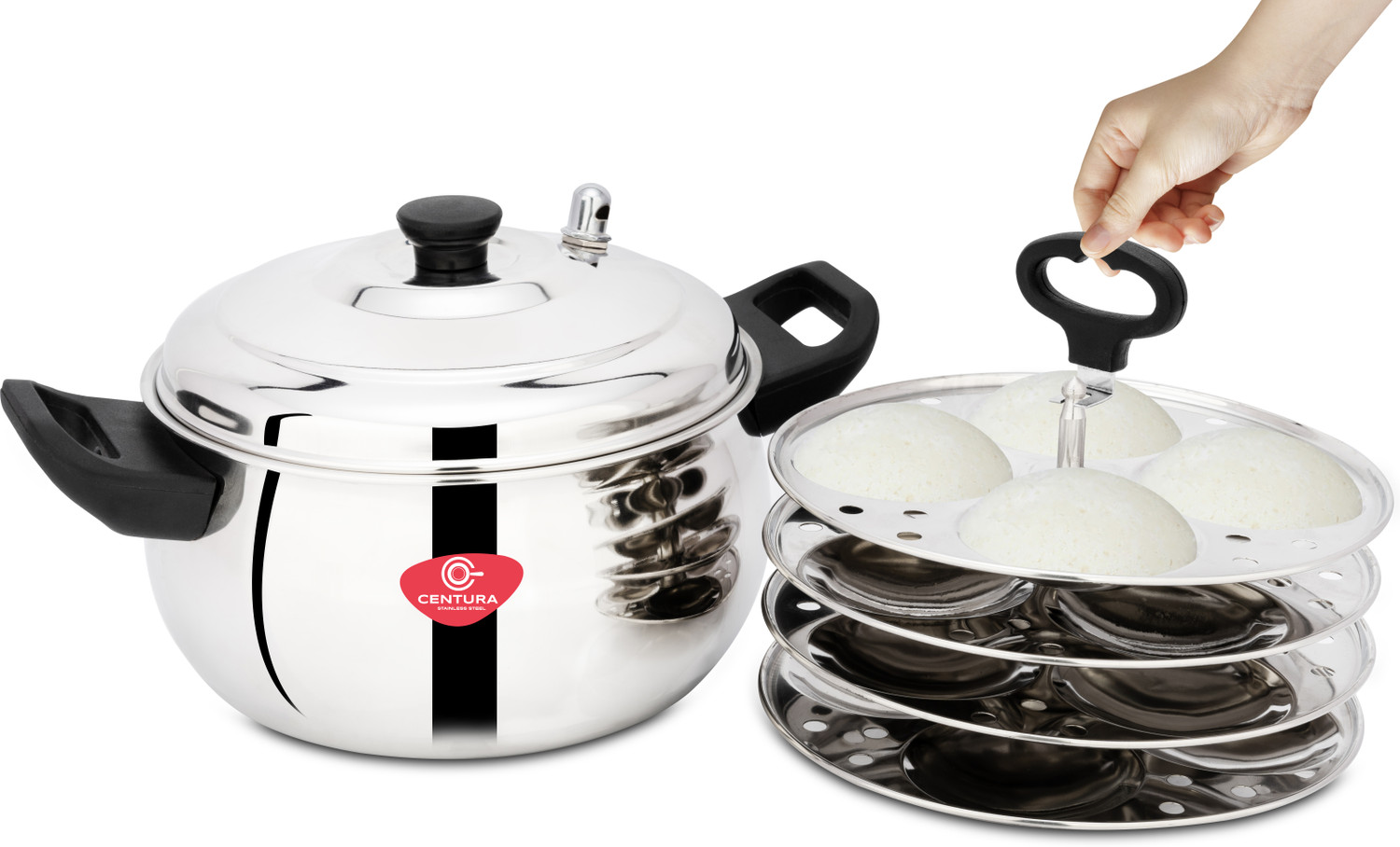 CENTURA Stainless Steel Curvv Multipurpose Idli Maker Cum Kadai (4 Plates, Silver) Induction & Standard Idli Maker