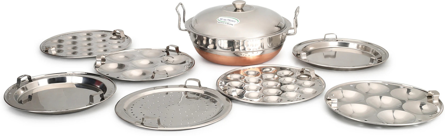 WAYMORE Stainless Steel Idli Cooker Multi Kadai Steamer with Copper Bottom All-in-One Big Size 7 Plate 2 Idli | 2 Mini Idli | 2 Dhokla | 1 Patra | Momo's| 3 in 1 | 28.5 cm Dia. Standard Idli Maker