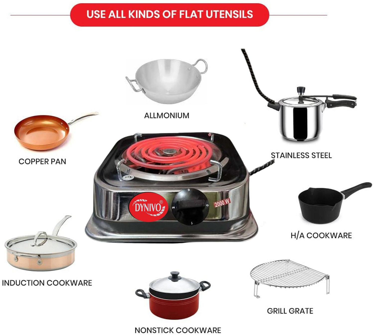 Image of Radhe 2000 W Radiant Cooktop Push Button (Silver, Radiant 2000 Watts Electric Cook Heater Cooktop | Work With All Utensil)